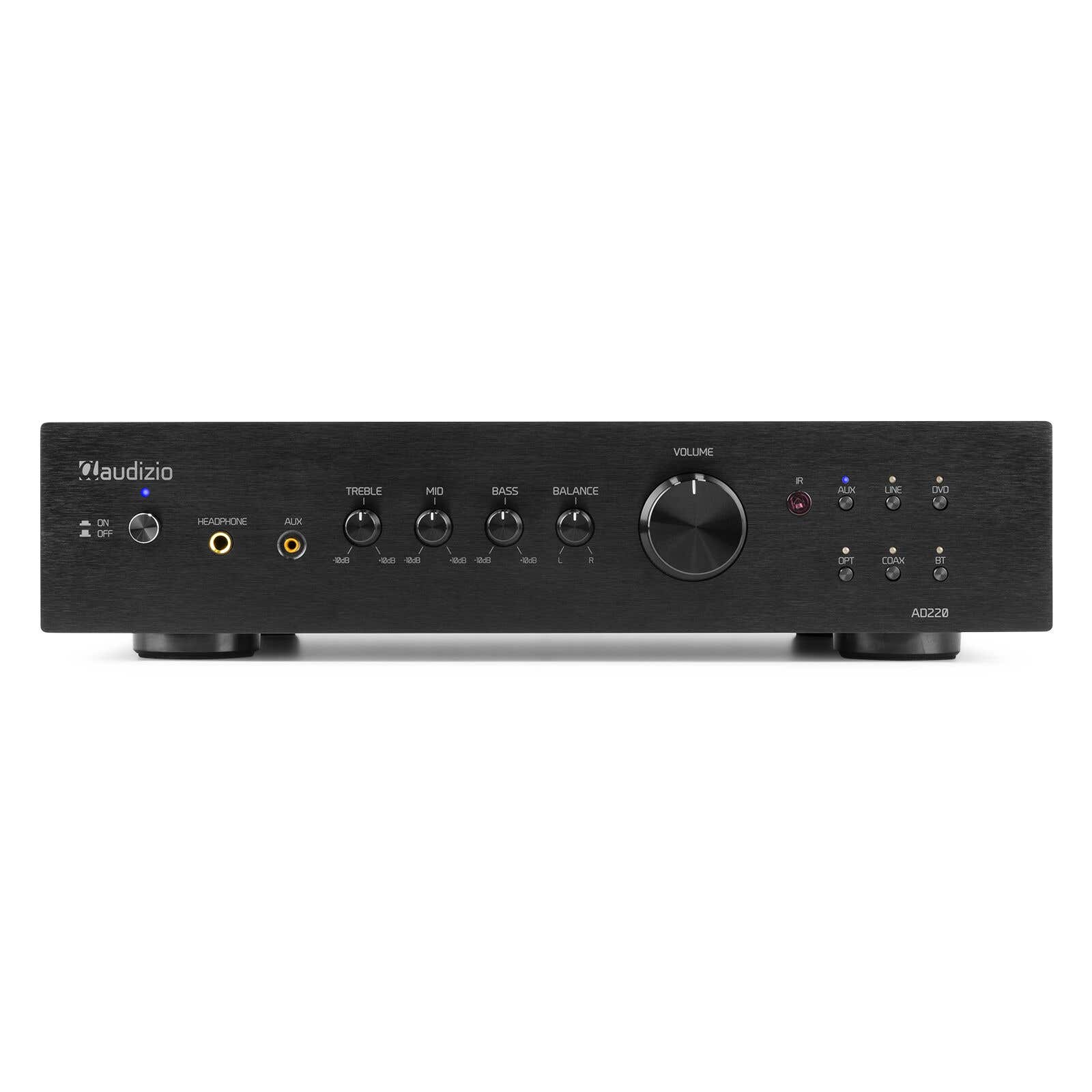 Un amplificador estéreo Audizio negro con perillas, botones y puertos en el panel frontal sobre fondo blanco.