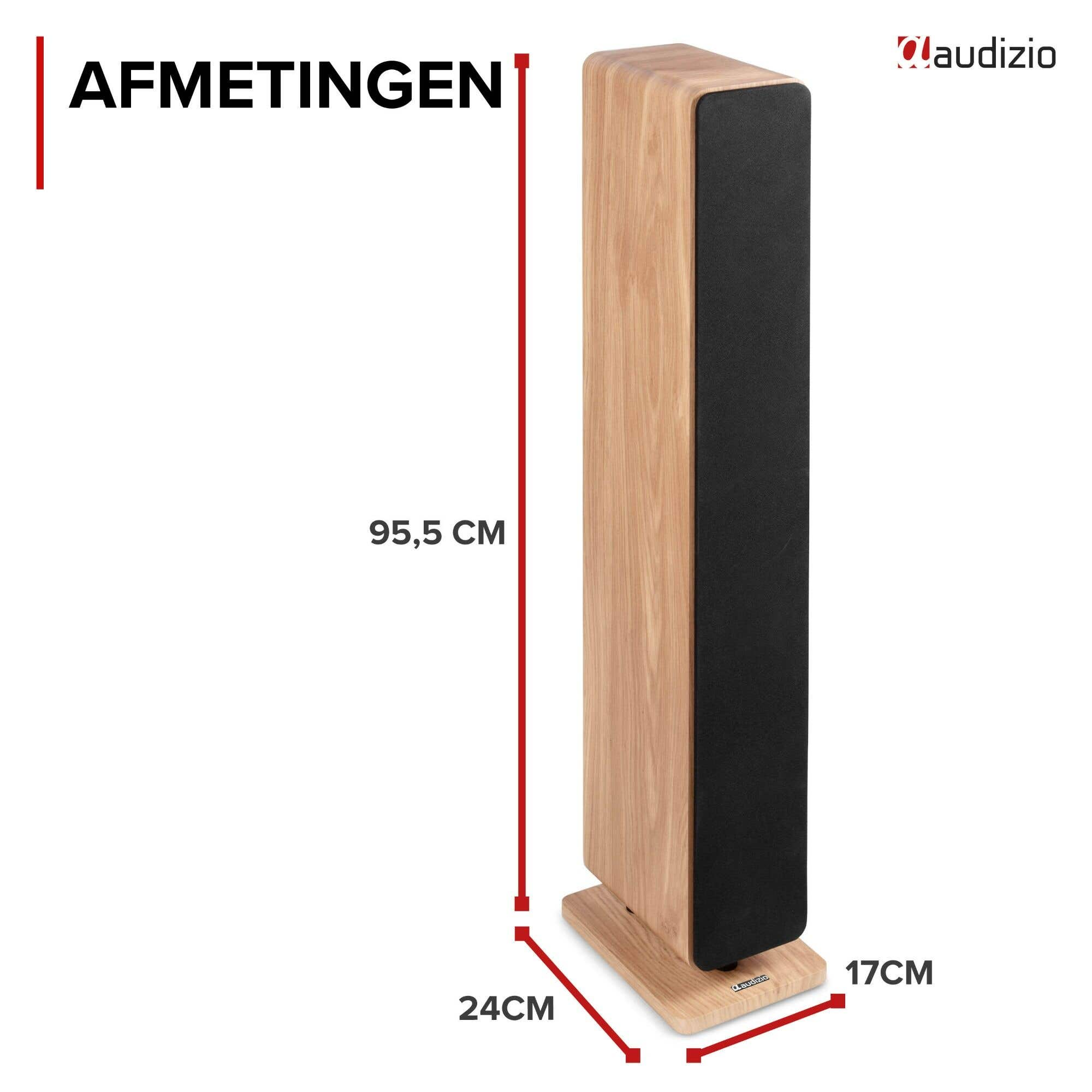 Un altavoz de suelo Audizio de madera con frontal negro, flechas rojas y etiquetas AFMETINGEN, 95,5 CM, 24CM y 17CM.