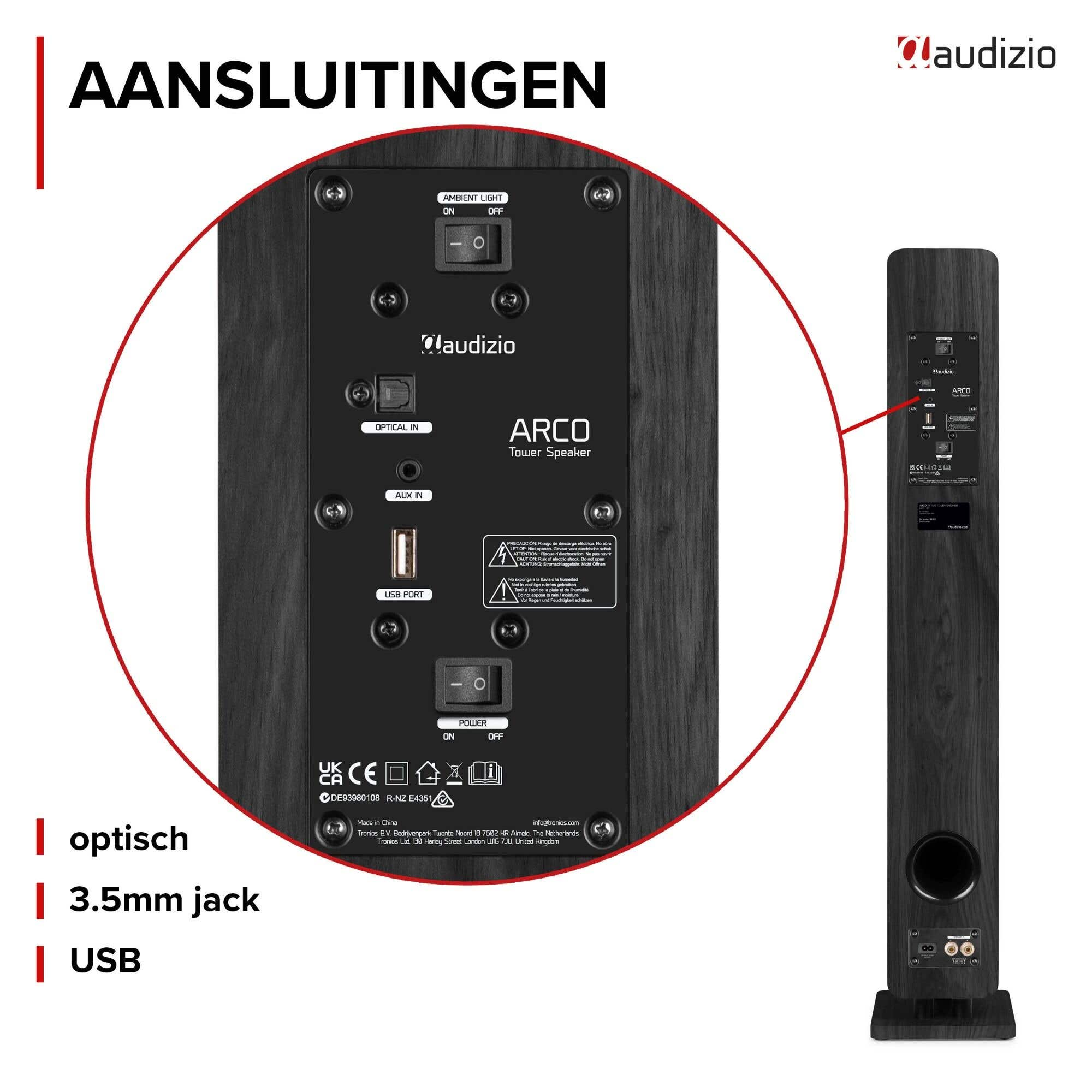 Panel trasero del altavoz de torre Audizio ARCO con puertos óptico, jack de 3.5mm y USB.