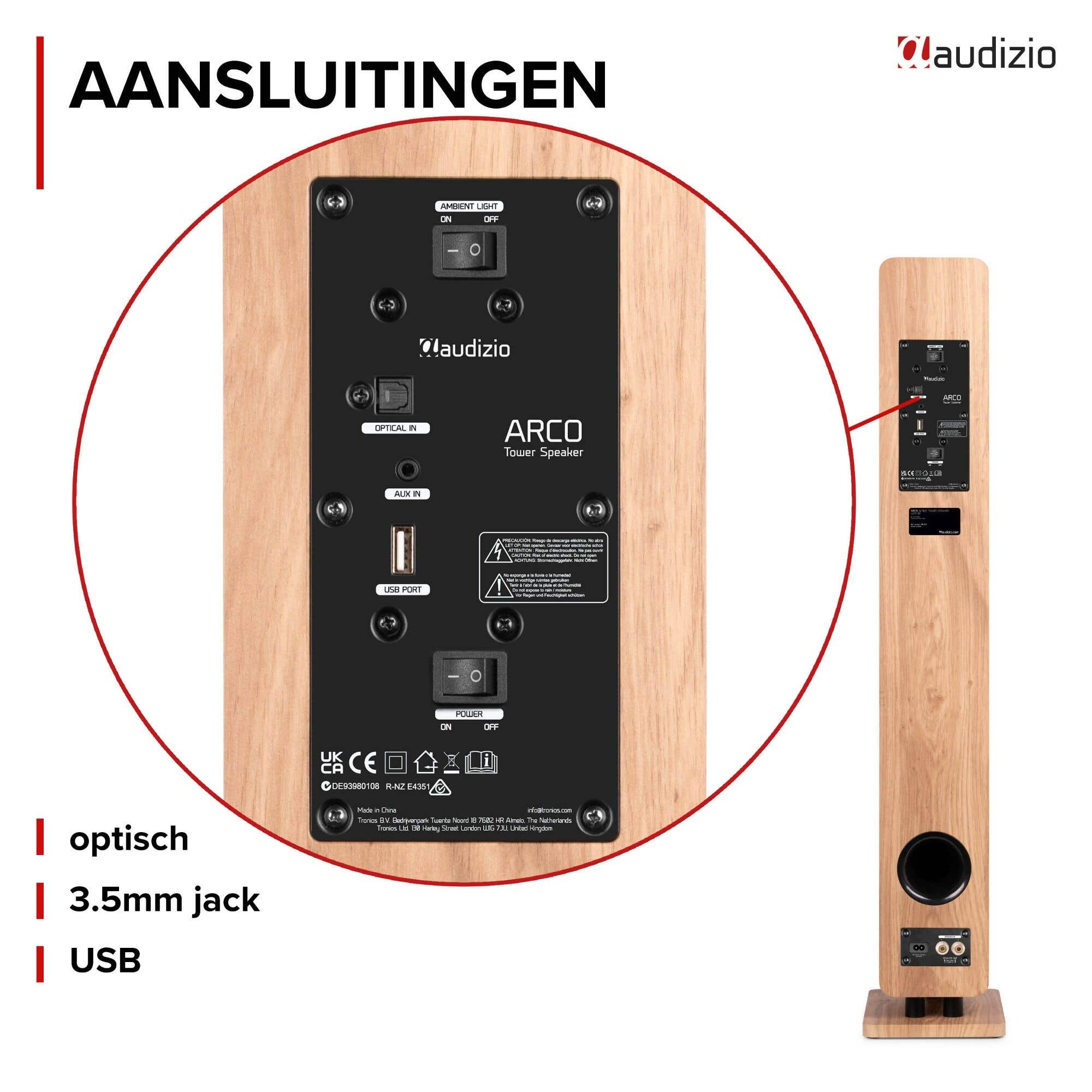 Panel trasero de un altavoz de torre Audizio ARCO que muestra puertos ópticos, aux y USB.