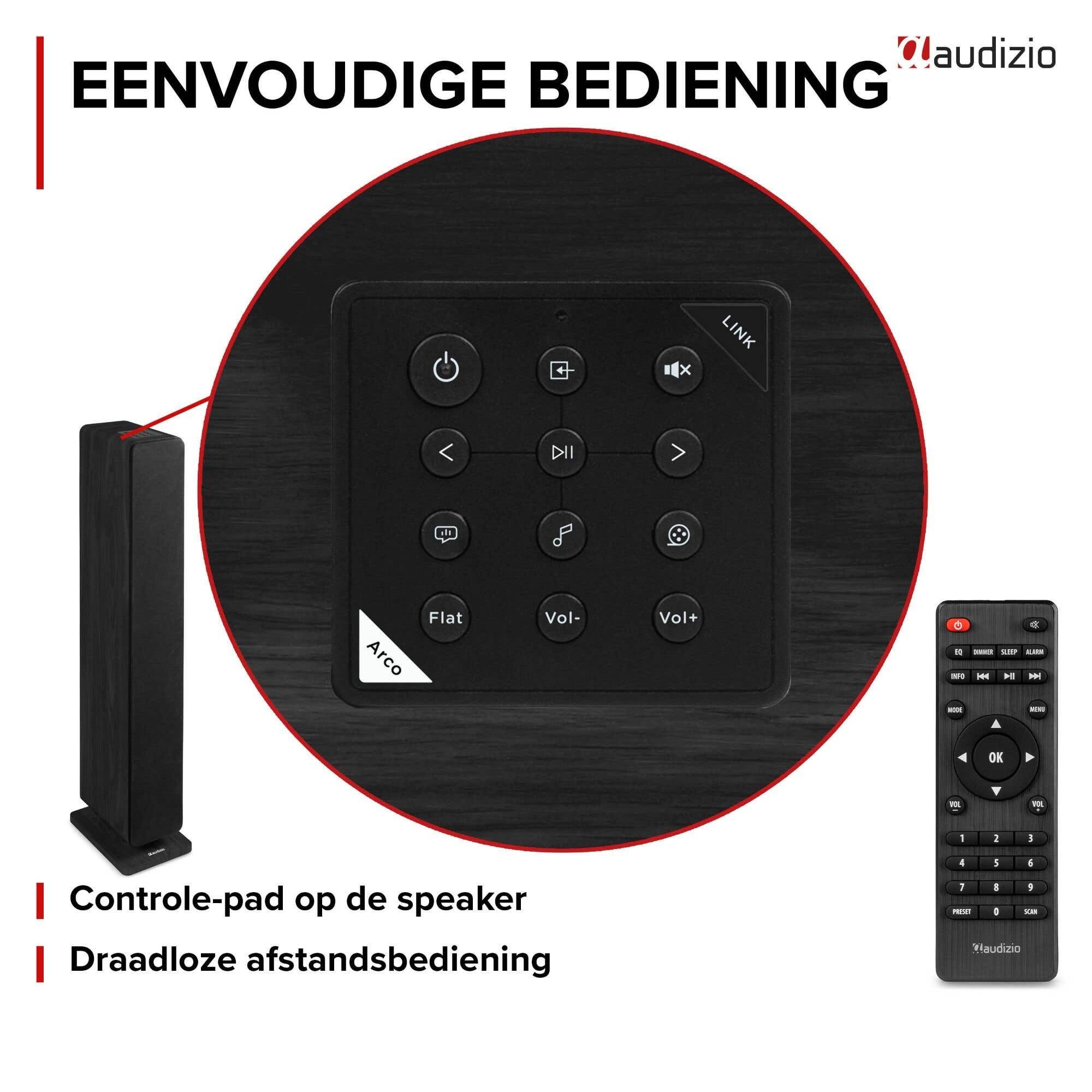 Altavoz negro con panel de control integrado y control remoto separado para una fácil operación.