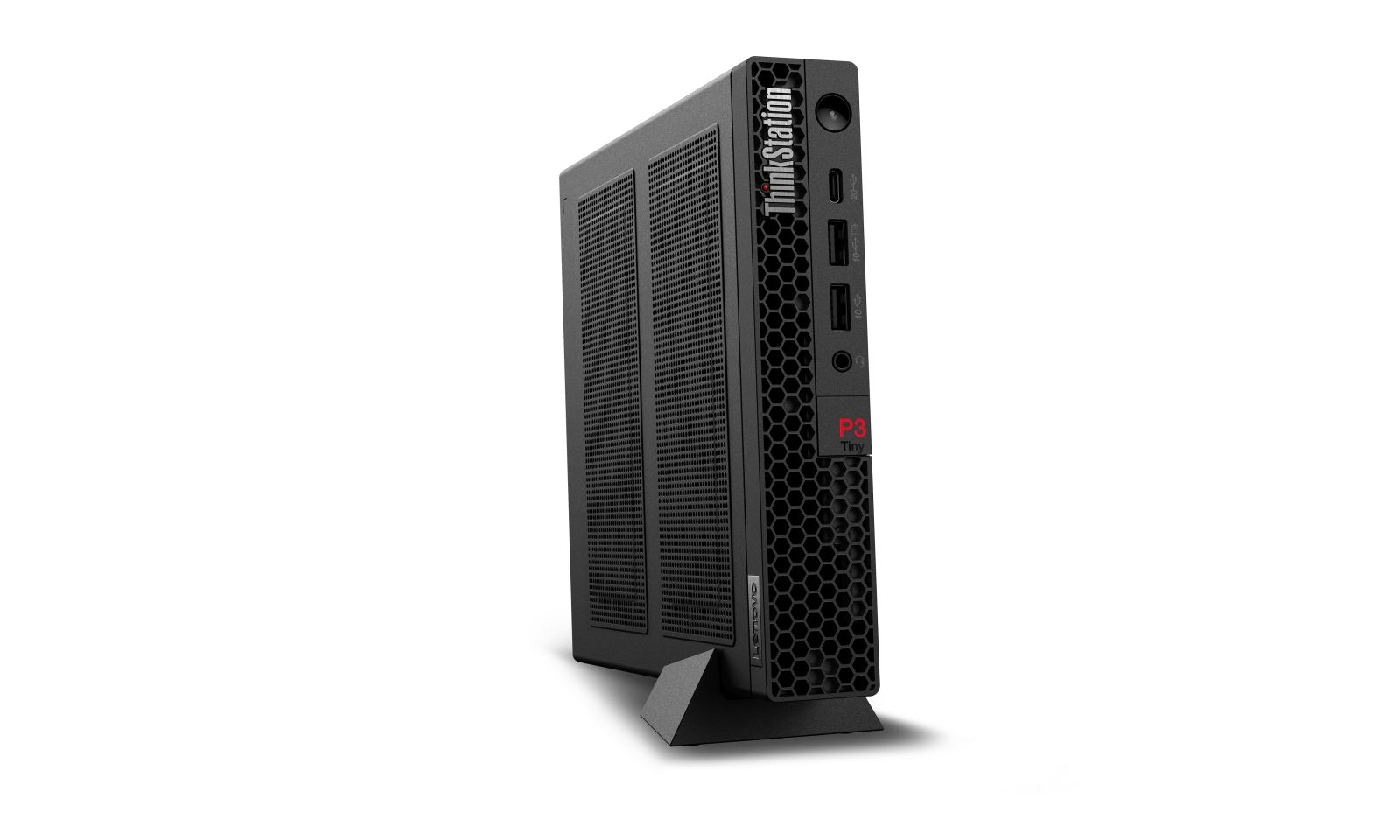 Schwarzer Lenovo ThinkStation P3 Tiny Computer im Standfuß, mit Frontports und wabenförmigem Gitter.