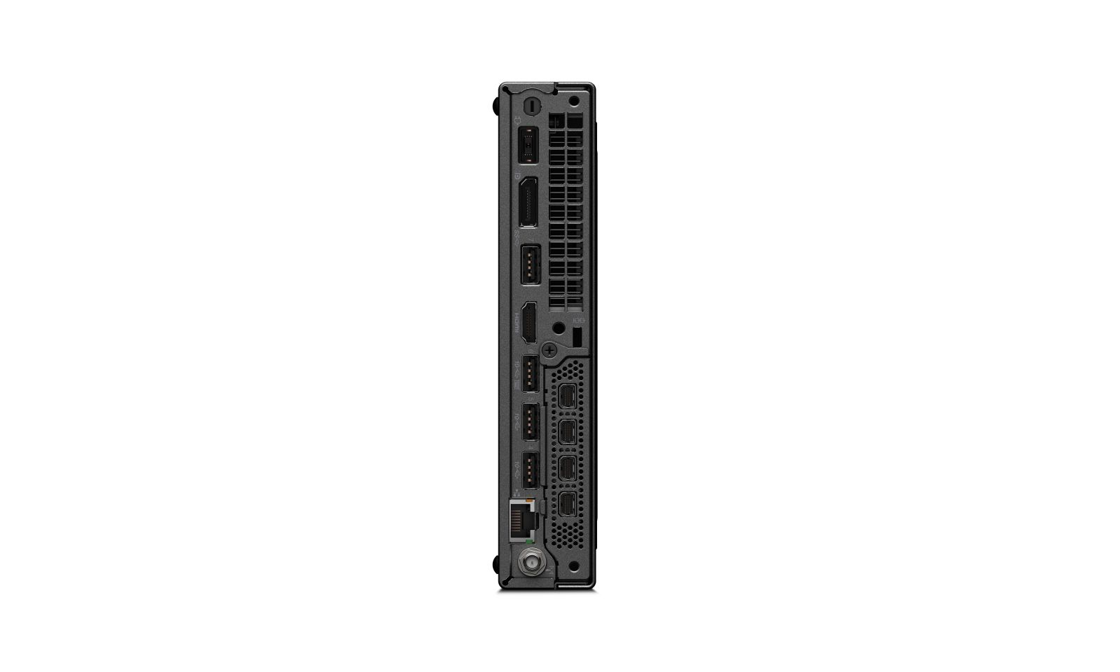 Rückseite eines schwarzen Mini-PCs mit verschiedenen Anschlüssen wie USB, HDMI, DisplayPort und Ethernet.