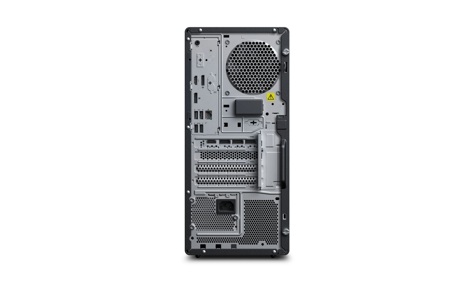Rückseite eines Desktop-PCs mit verschiedenen Anschlüssen, Lüftungsgittern und einem Netzteileingang.