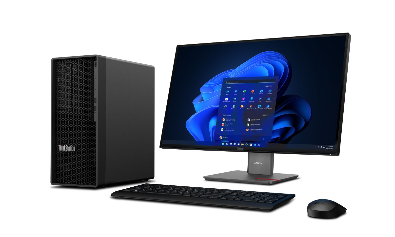 Lenovo ThinkStation Desktop-PC mit Monitor, Tastatur und Maus auf einem weißen Hintergrund.