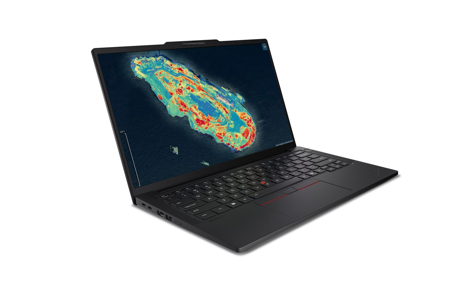 Ein schwarzer Laptop auf weißem Hintergrund zeigt eine farbige topografische Karte auf dem Bildschirm.
