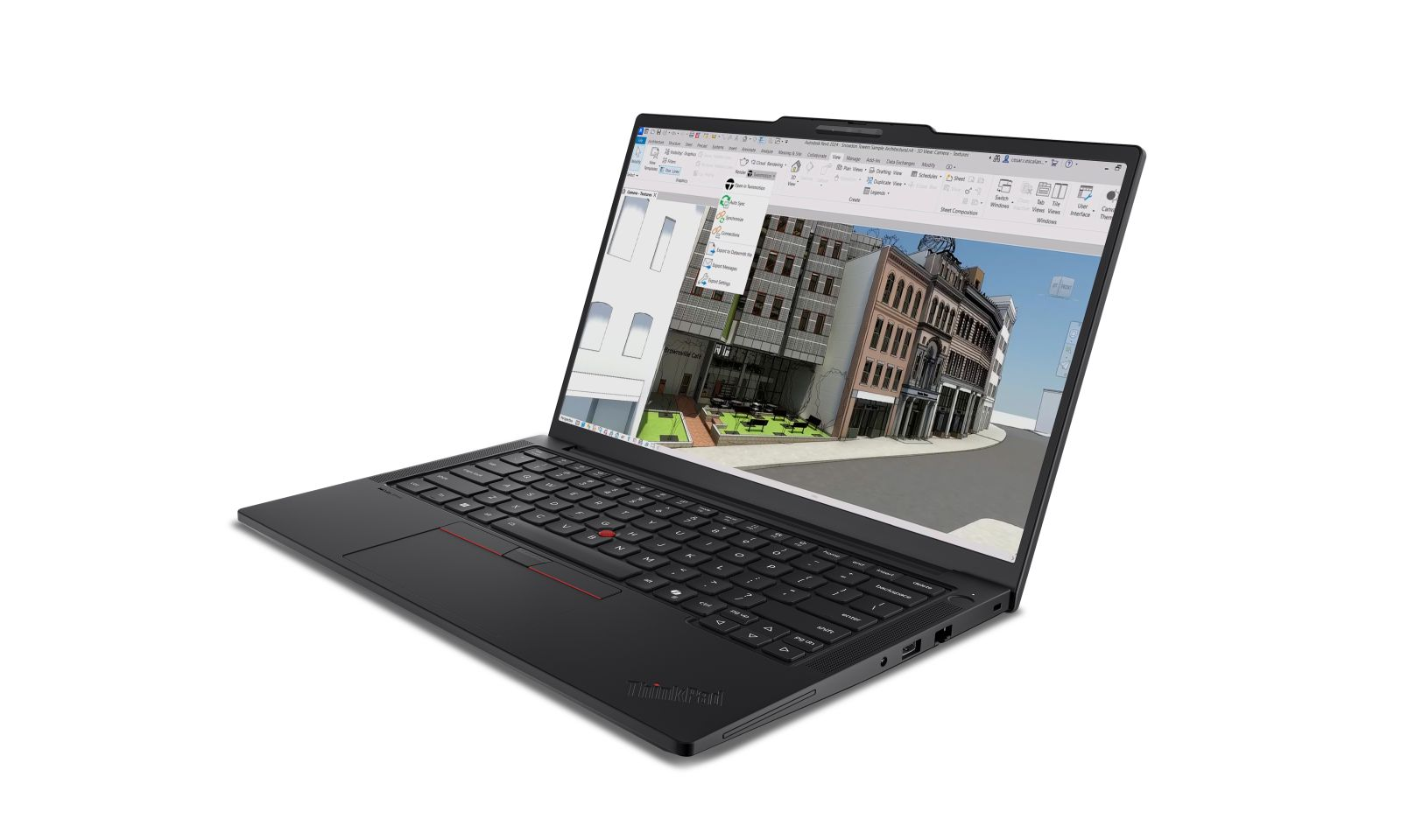Ein schwarzer Laptop auf weißem Hintergrund zeigt eine 3D-Stadtarchitektursoftware auf dem Bildschirm.