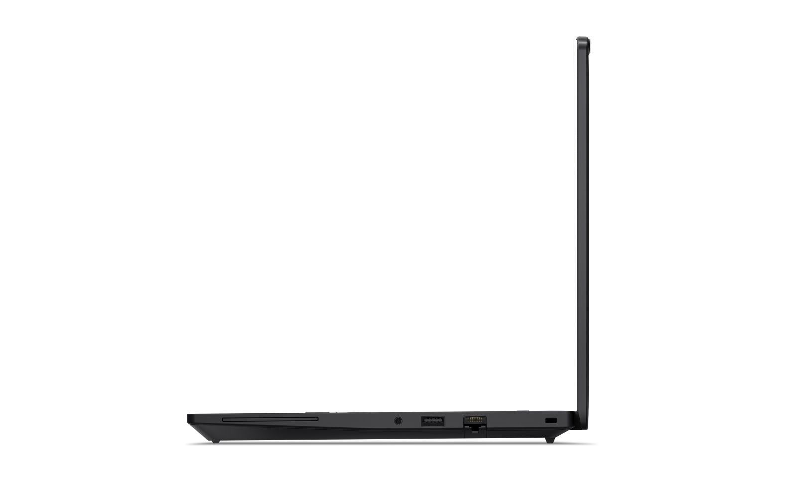 Linke Seite eines geschlossenen schwarzen Laptops vor weißem Hintergrund mit verschiedenen Anschlüssen.