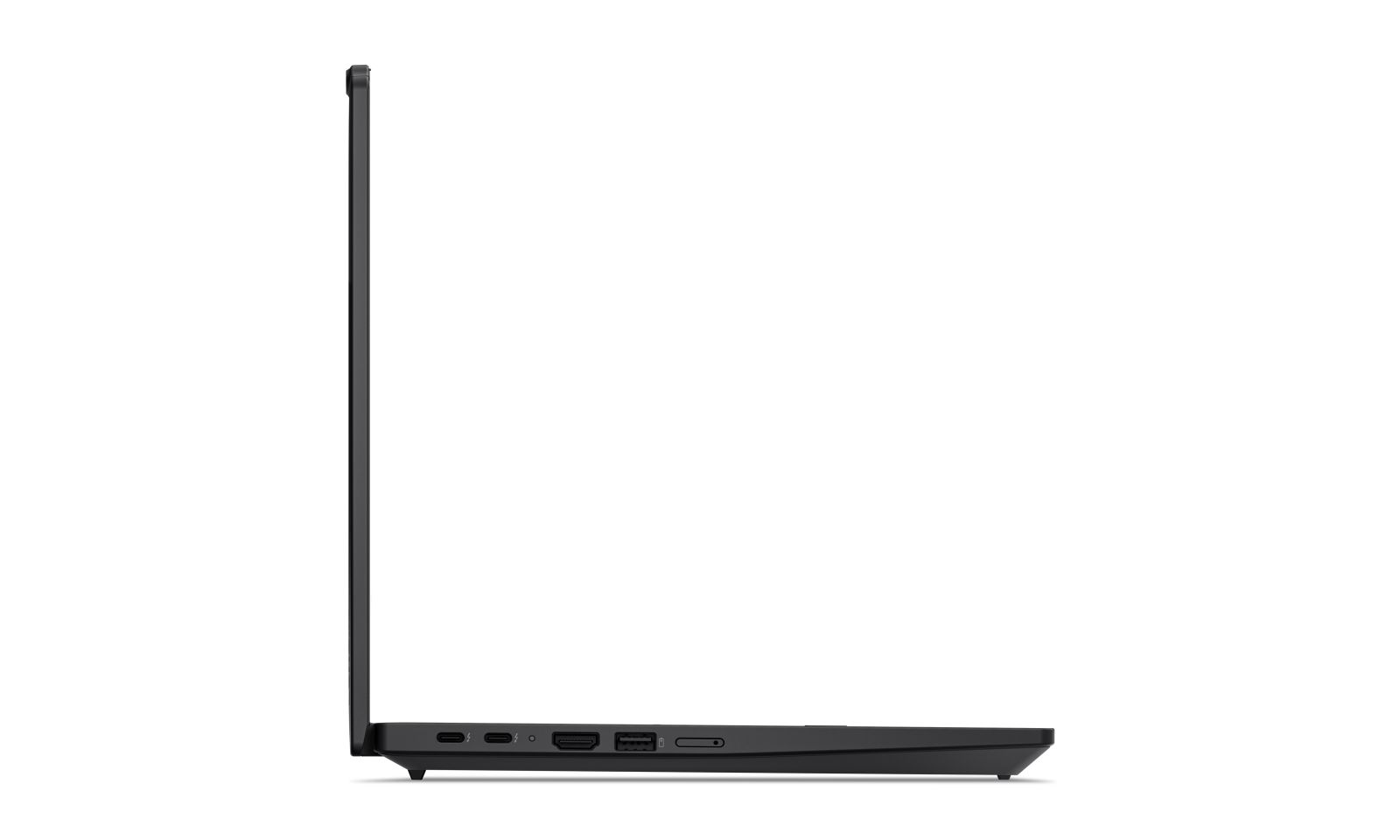 Linke Seite eines geschlossenen schwarzen Laptops mit sichtbaren Anschlüssen.