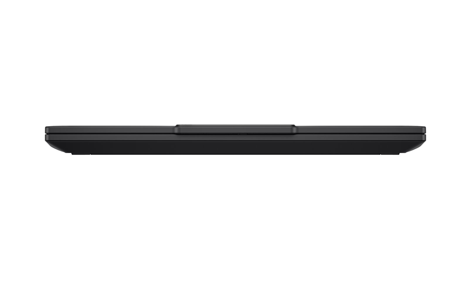 Geschlossener schwarzer Laptop von der Vorderkante vor weißem Hintergrund.