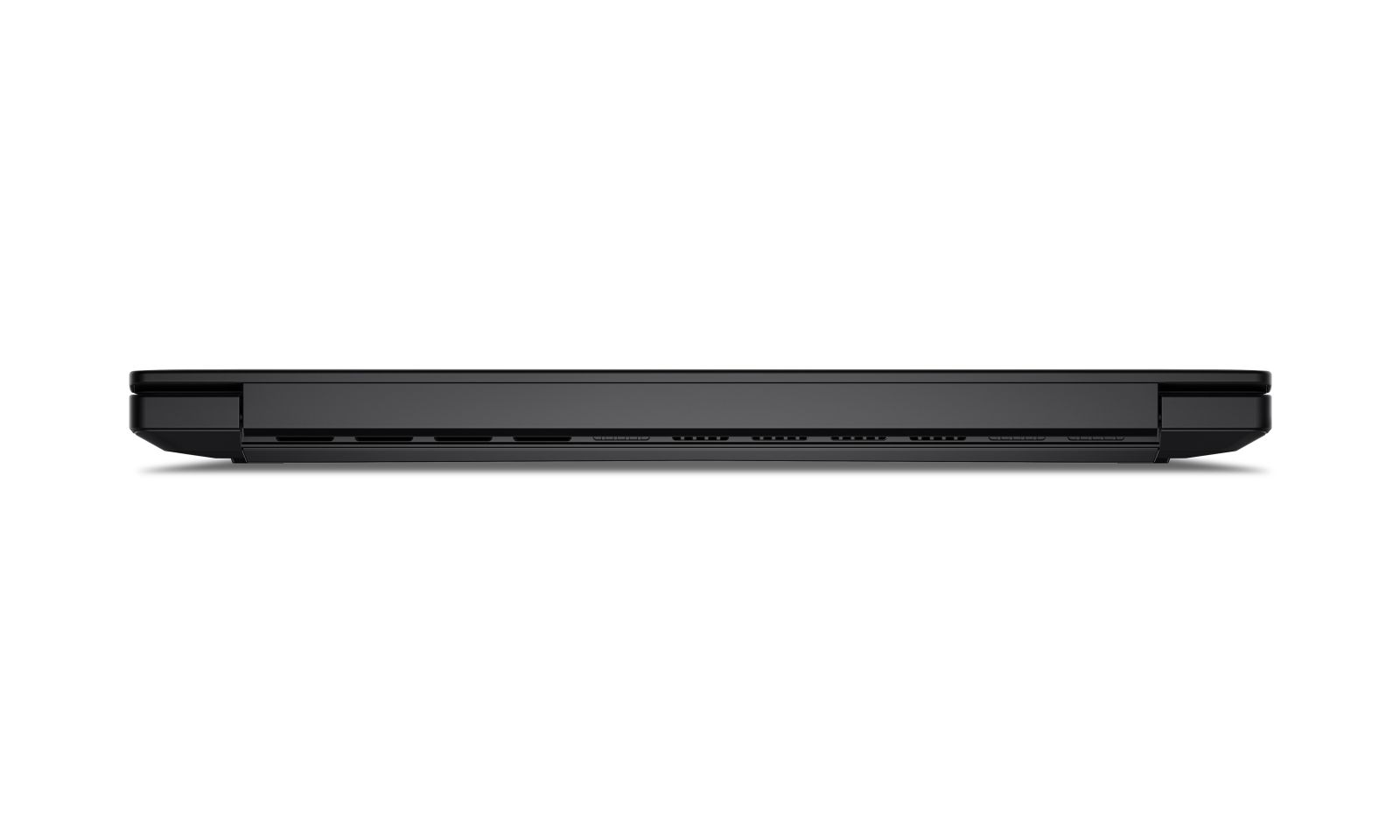 Rückansicht eines geschlossenen schwarzen Laptops vor weißem Hintergrund.