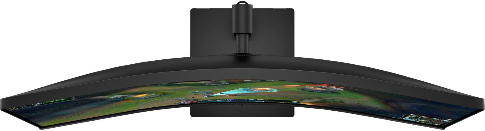 Bovenaanzicht van een zwarte, gebogen computermonitor met een actief spelscherm tegen een witte achtergrond.