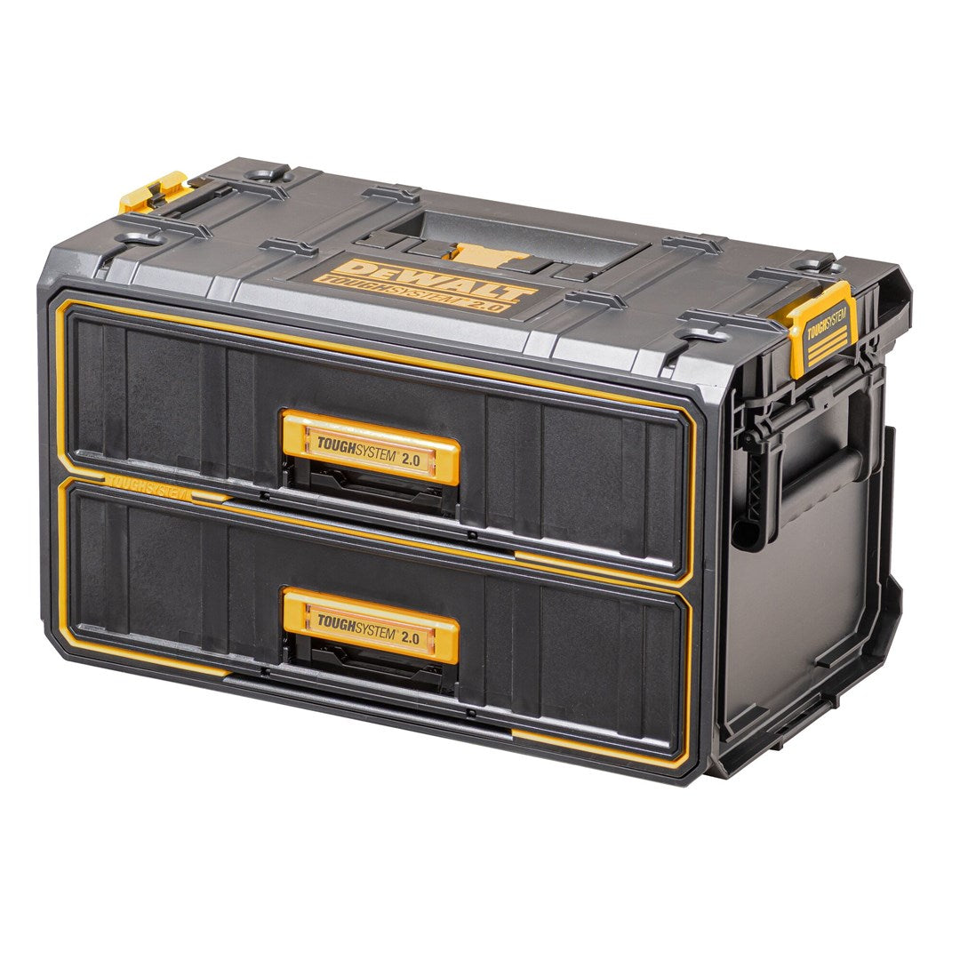 Una caja de herramientas gris DeWalt ToughSystem 2.0 con dos grandes cajones negros y detalles amarillos sobre fondo blanco.