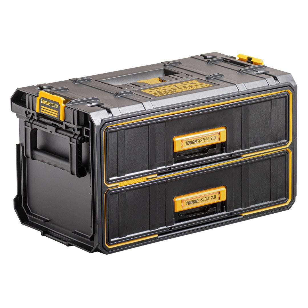 Una caja de herramientas negra DeWalt ToughSystem 2.0 con dos cajones, detalles amarillos y asas laterales.