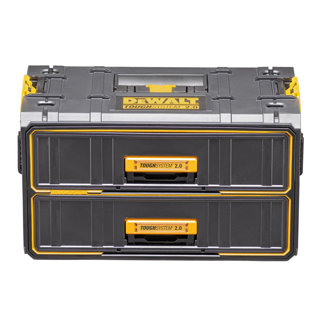 Caja de herramientas DeWalt ToughSystem 2.0 negra y amarilla con dos cajones sobre fondo blanco.