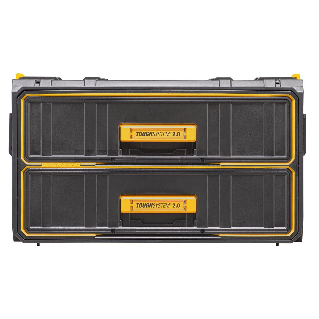 Caja de herramientas negra ToughSystem 2.0 con dos cajones y asas amarillas sobre fondo blanco.