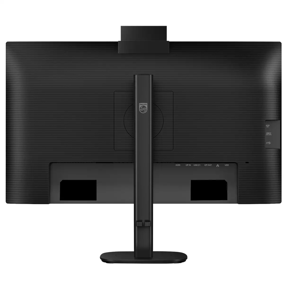 Widok z tyłu czarnego monitora Philips z podstawką, wbudowaną kamerą i różnymi portami.