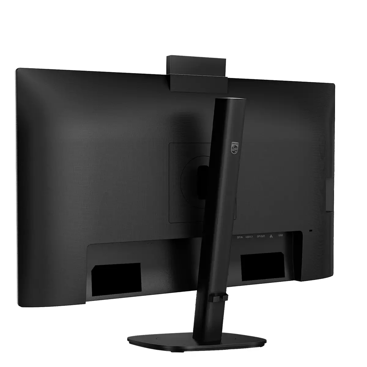 Widok z tyłu czarnego monitora Philips z regulowaną podstawą na białym tle.