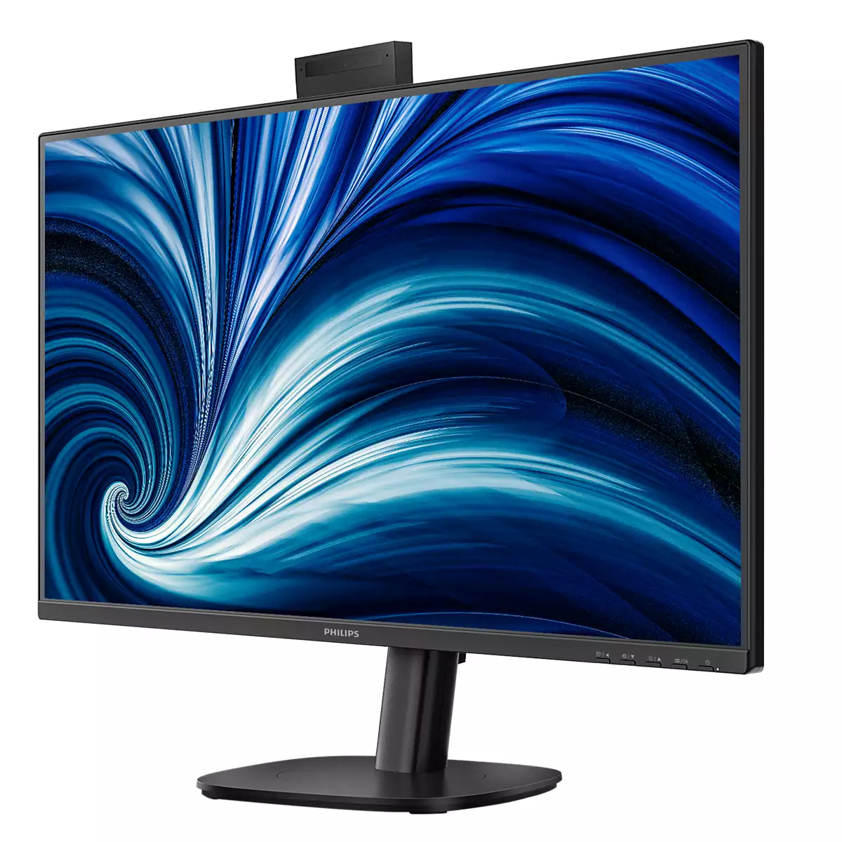 Czarny monitor Philips na stojaku z niebiesko-białą abstrakcyjną tapetą i kamerą internetową na górze.