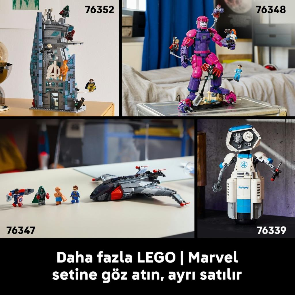 Bir kule, robot ve uzay gemisi gibi figür ve modellere sahip dört farklı LEGO Marvel seti.