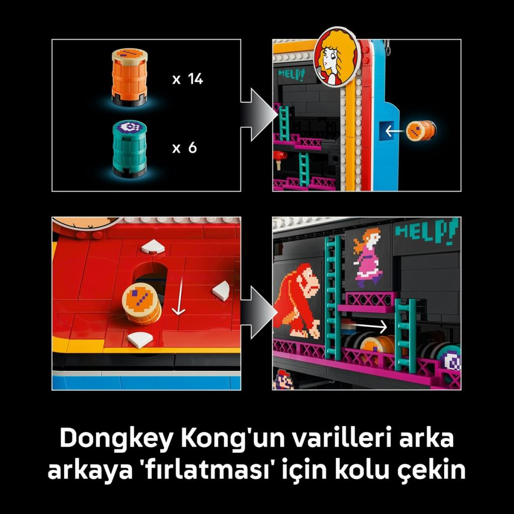 Dört panel, bir Donkey Kong atari makinesi mekanizmasını monte etmek için Lego parçalarını gösterir.