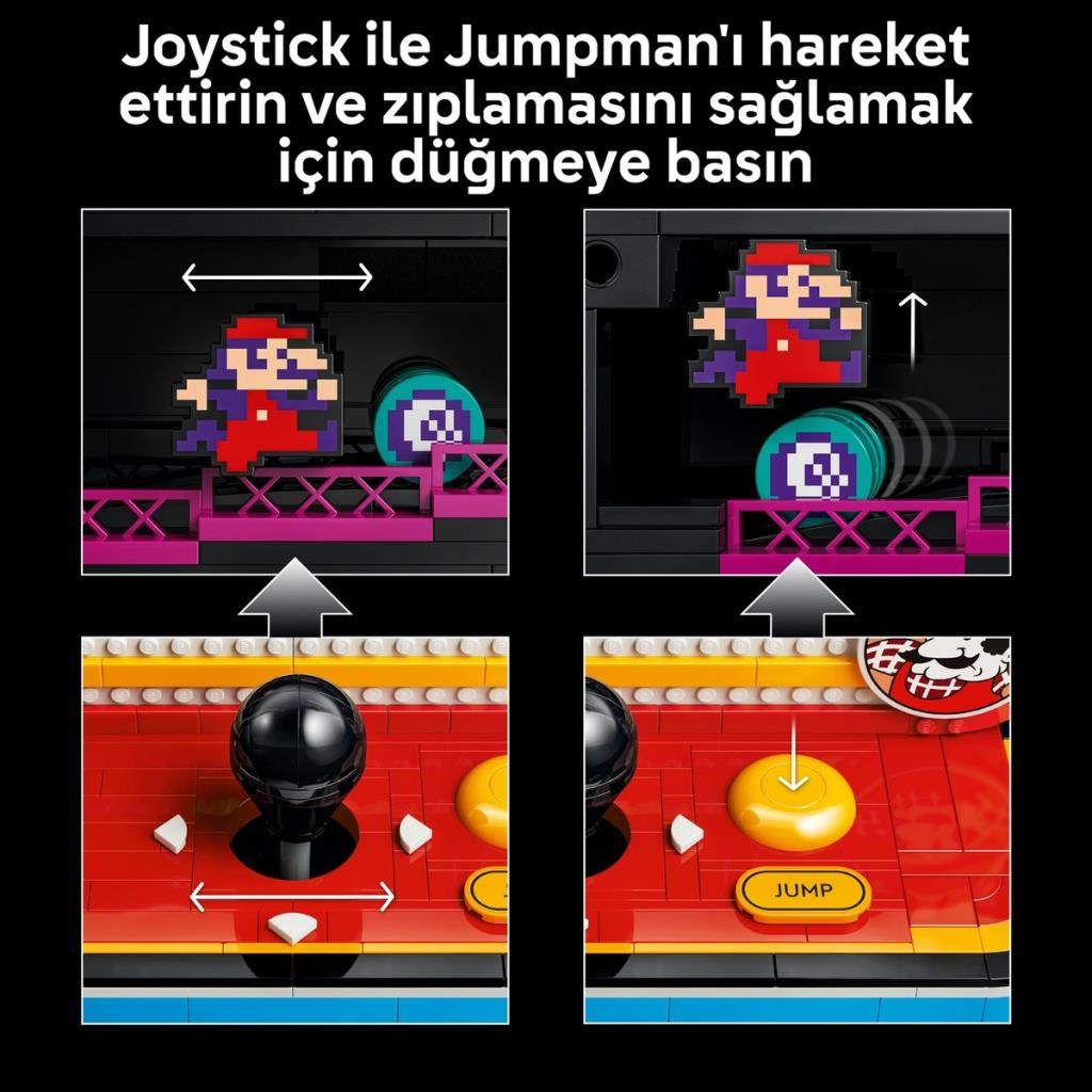 Joystick ve zıplama düğmesi ile Lego figürünün nasıl hareket ettirileceğini gösterir.