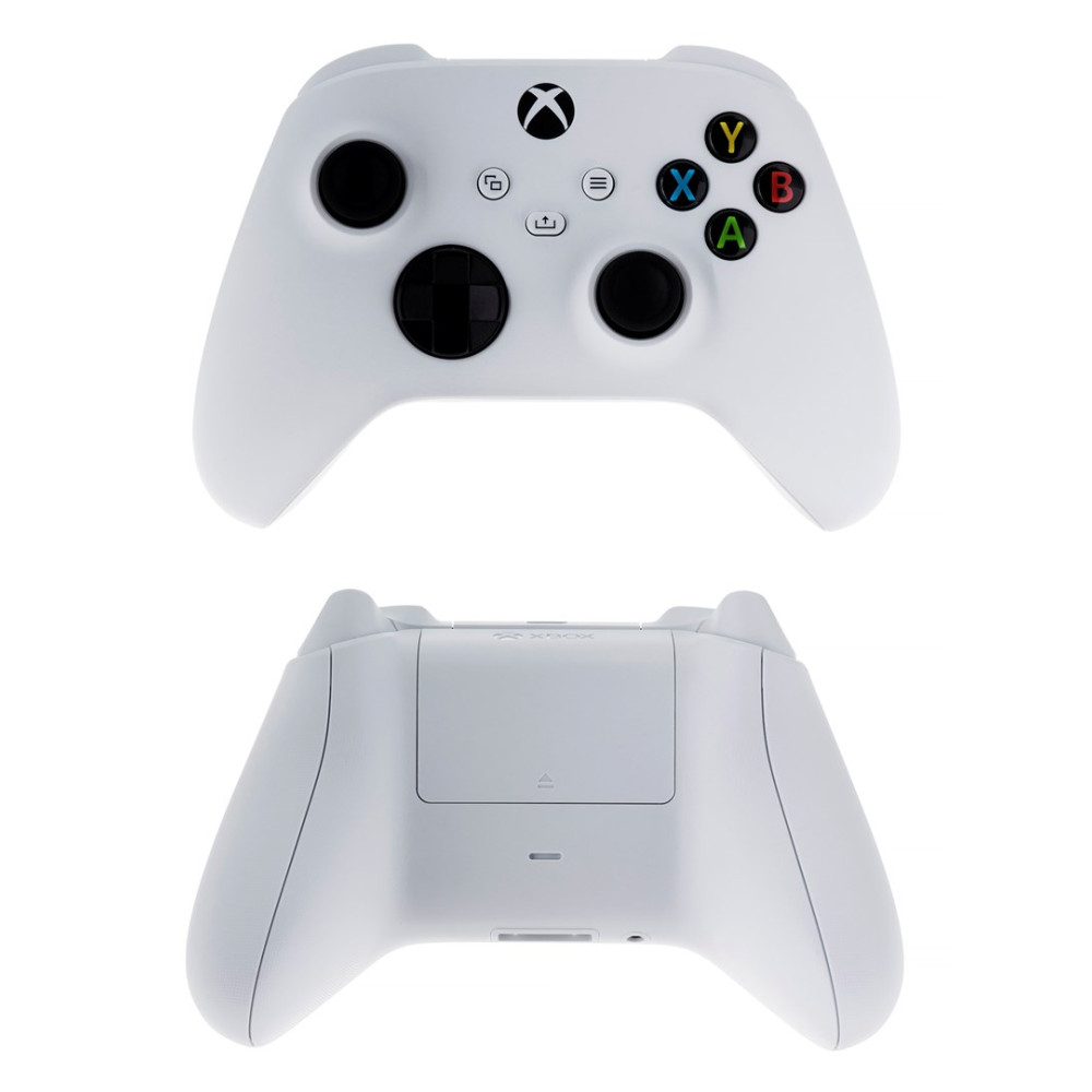 Weisser Xbox Wireless Controller, Vorder- und Rückansicht auf weissem Hintergrund.