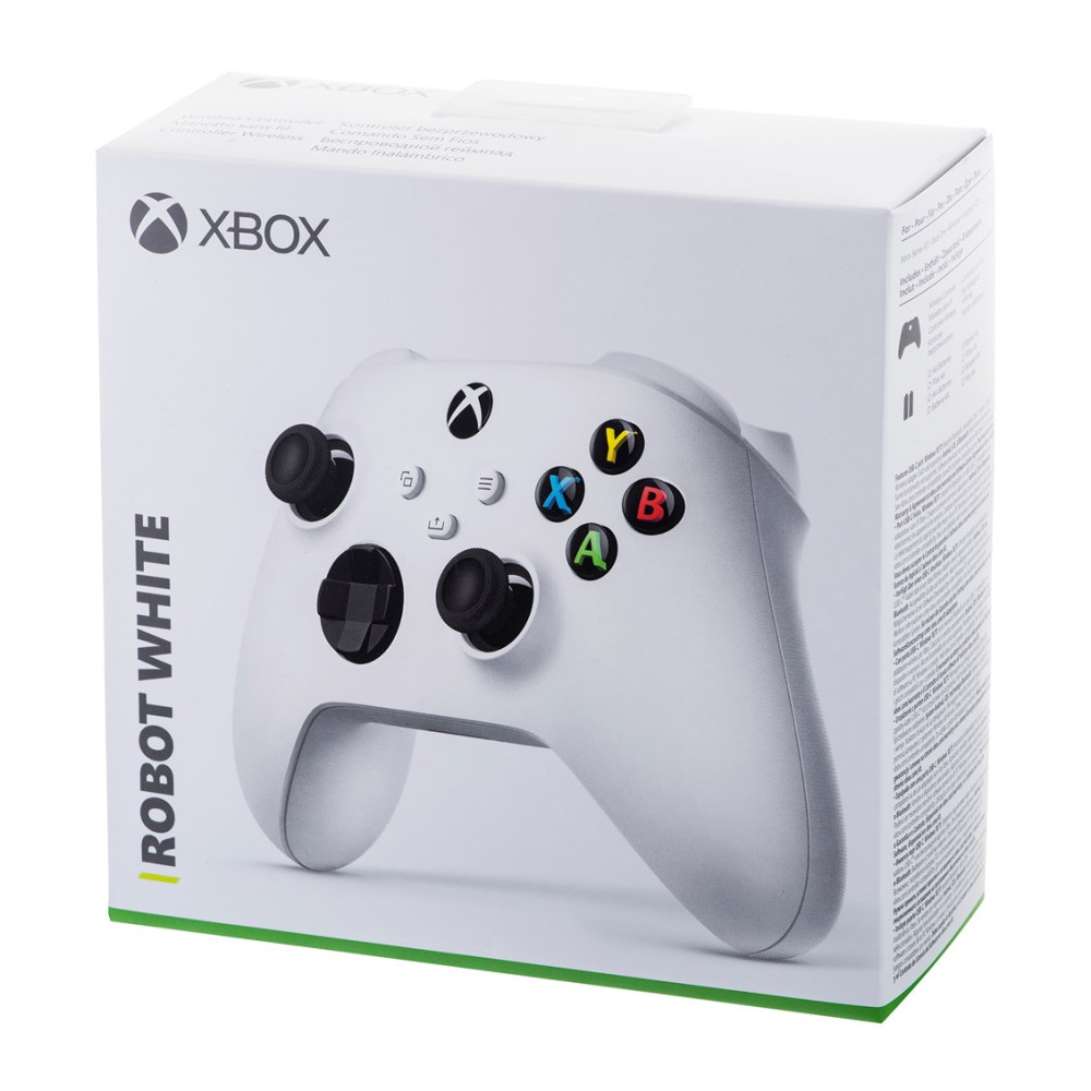 Weiße Xbox Wireless Controller-Box mit Robot White-Text und einer Abbildung des weißen Gamepads.