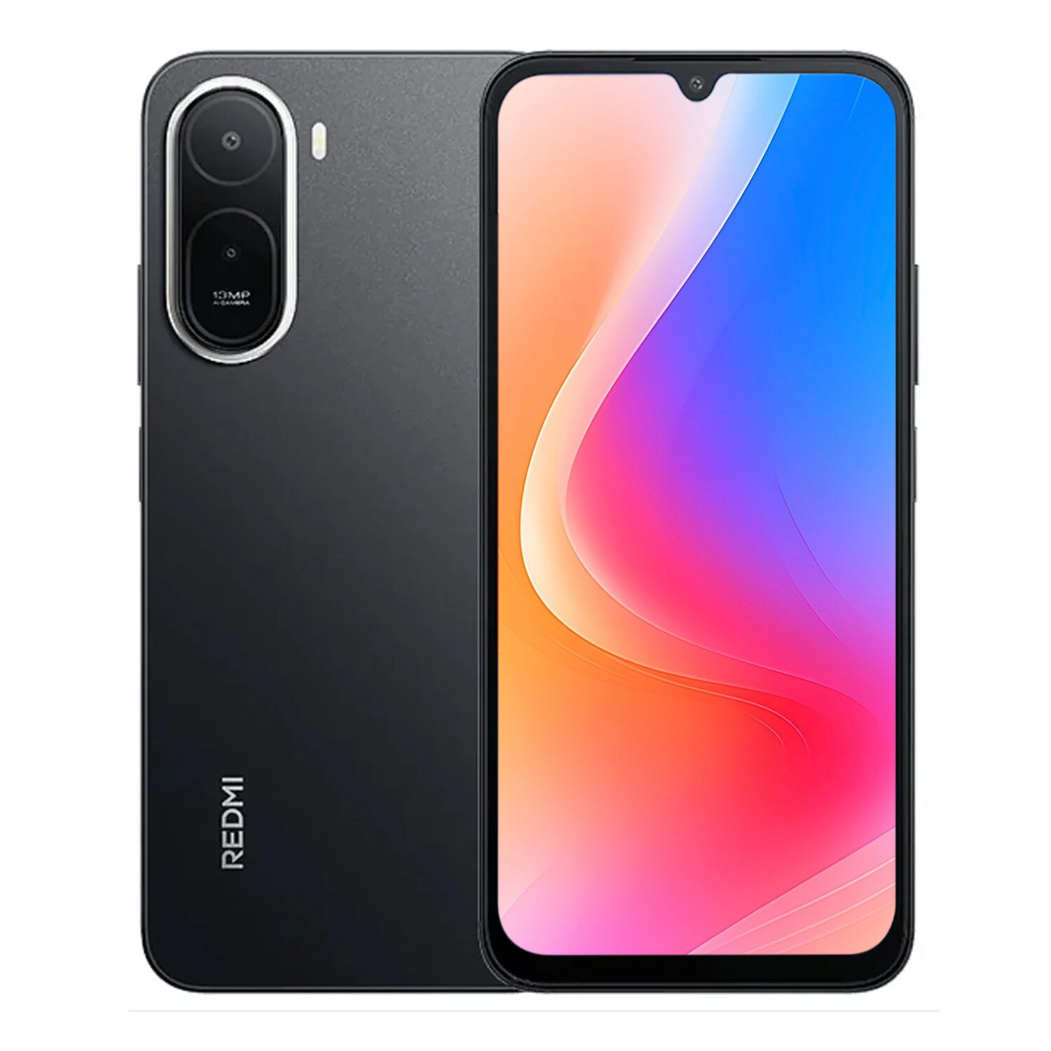 Se muestra un teléfono inteligente Redmi negro desde el frente y la parte posterior.