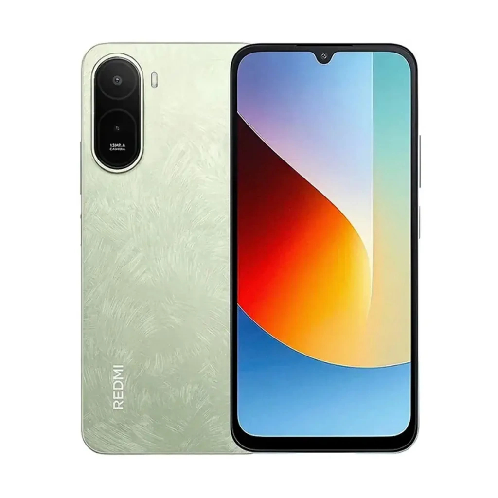 Uno smartphone Redmi verde chiaro che mostra il pannello posteriore testurizzato con doppia fotocamera e lo schermo.