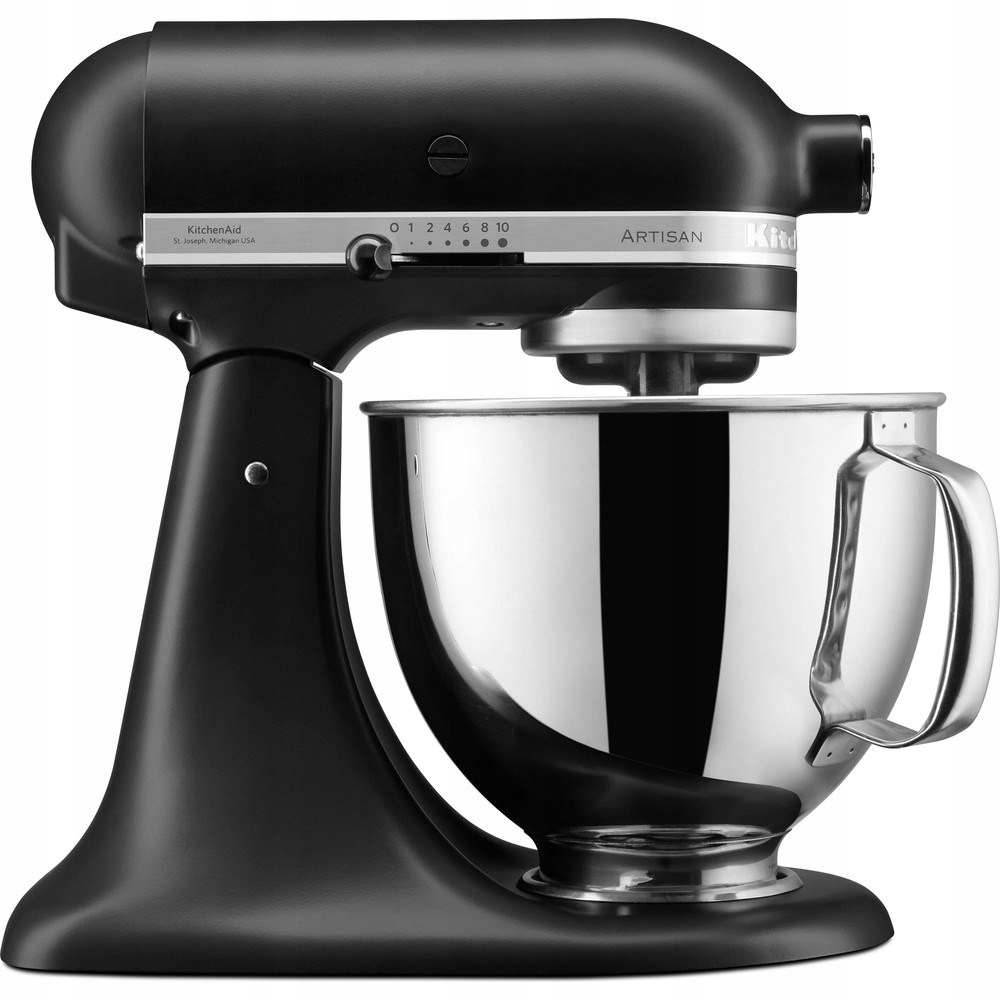 Czarny mikser stojący KitchenAid Artisan ze srebrną misą ze stali nierdzewnej.