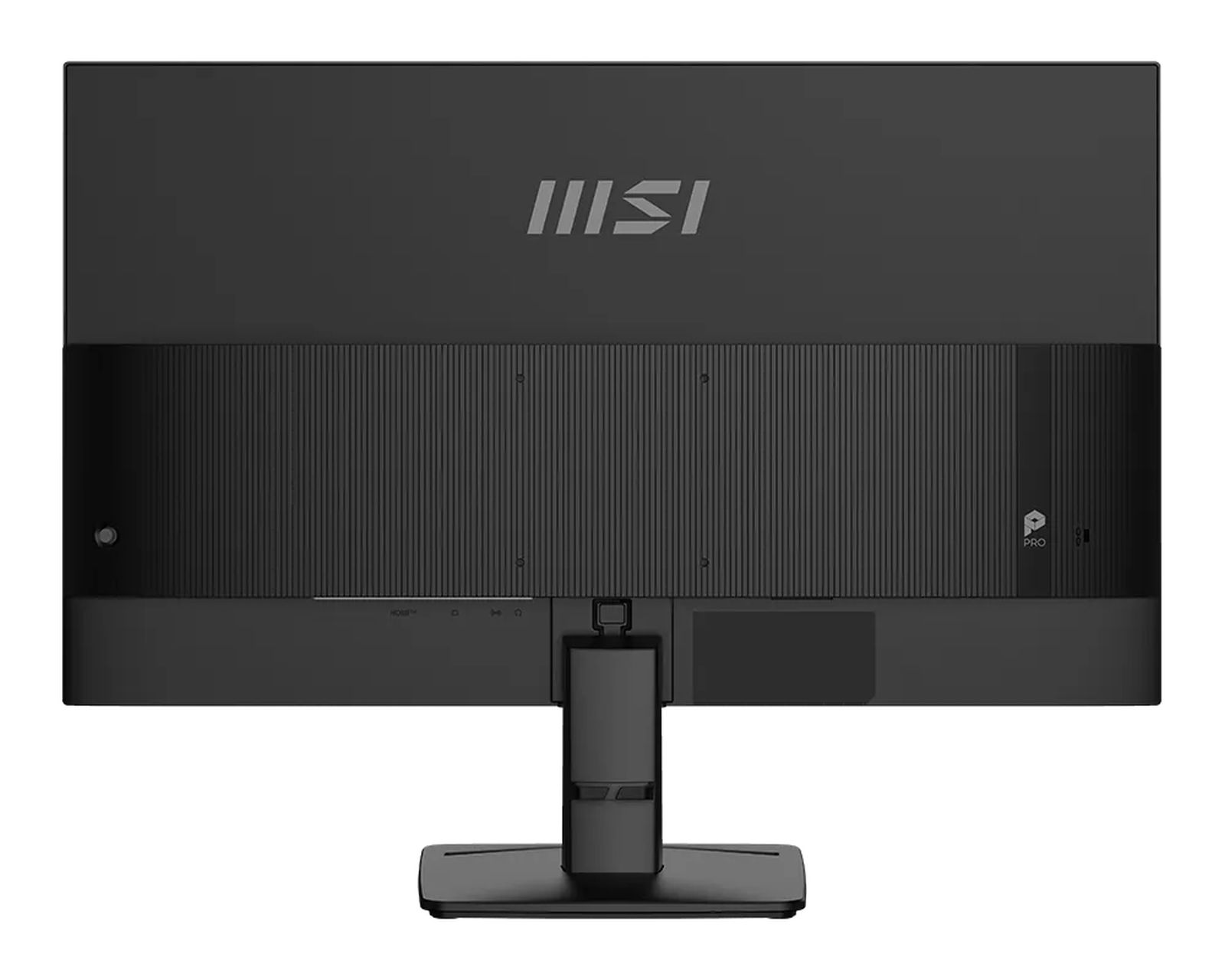 Beyaz arka planda standlı siyah bir MSI monitörün arka görünümü.