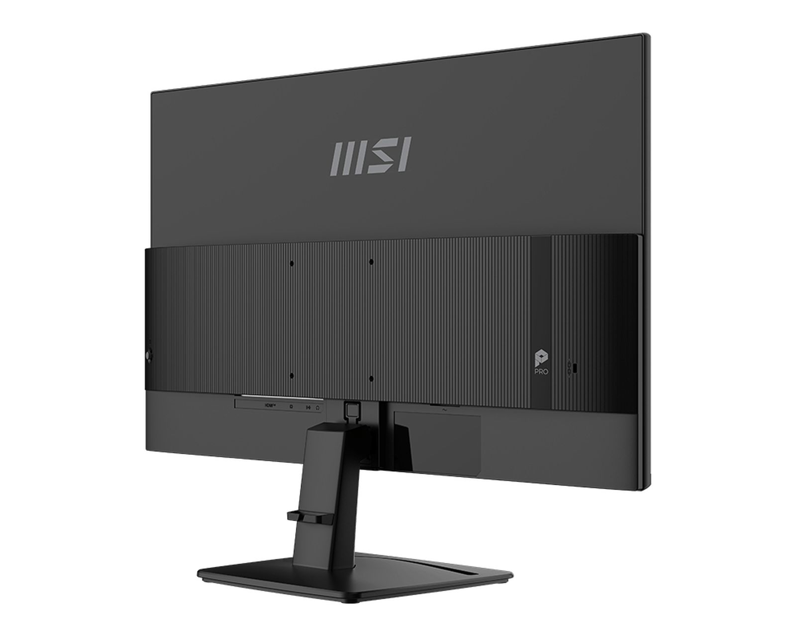 Beyaz arka planda standlı siyah bir MSI Pro monitörün arka görünümü.