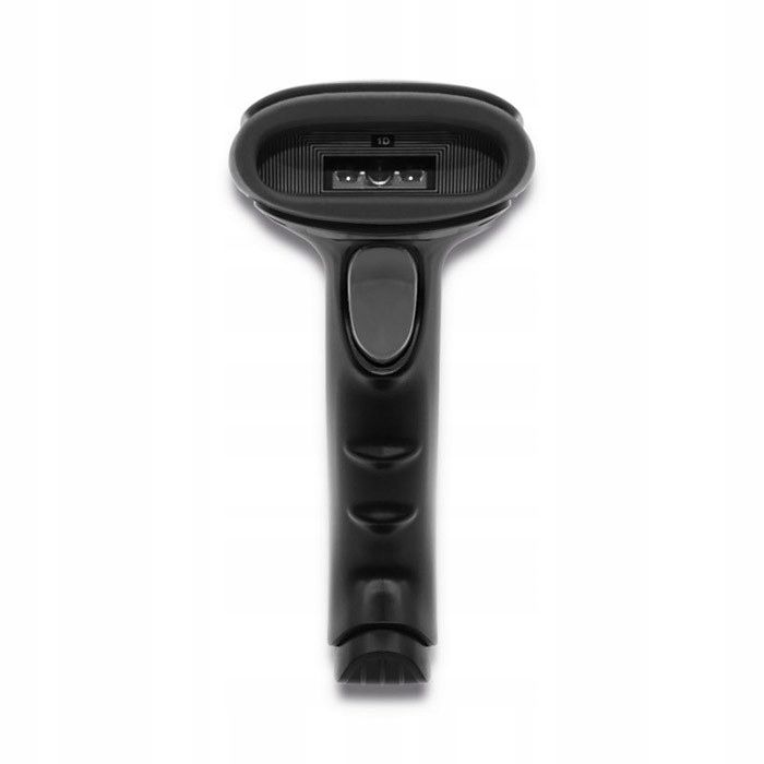 Uno scanner di codici a barre nero su sfondo bianco, con grilletto e apertura di scansione in alto.