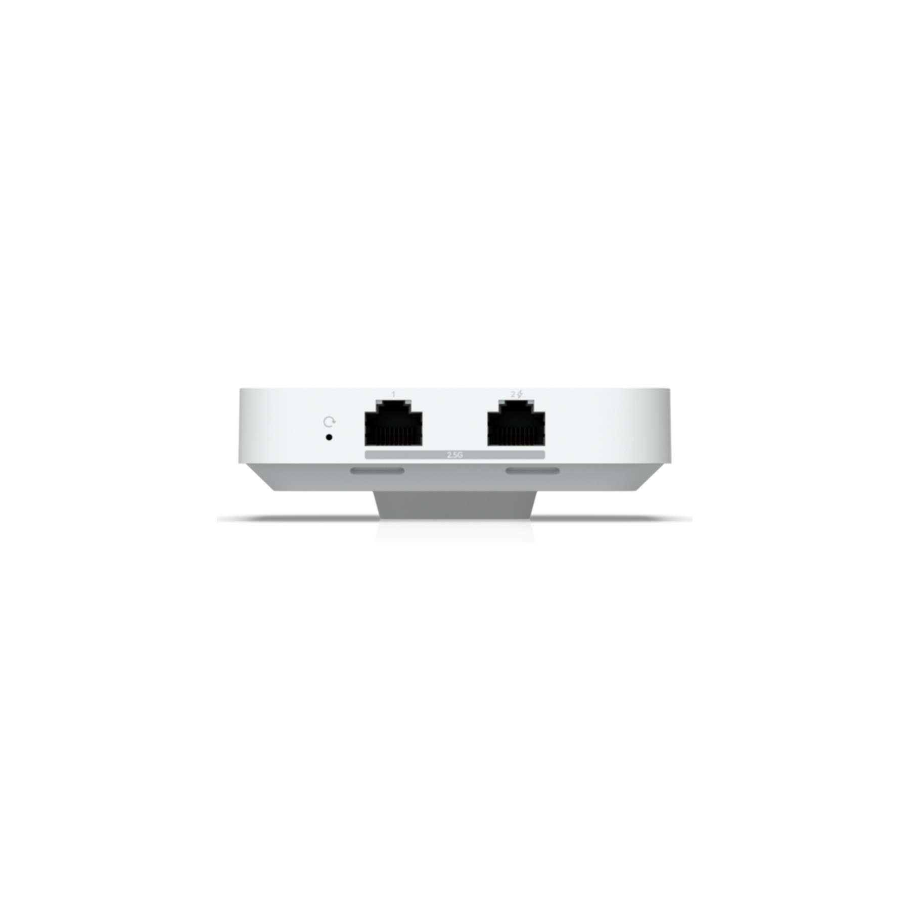 Białe urządzenie sieciowe z dwoma portami RJ45 i przyciskiem resetu na jasnej powierzchni.
