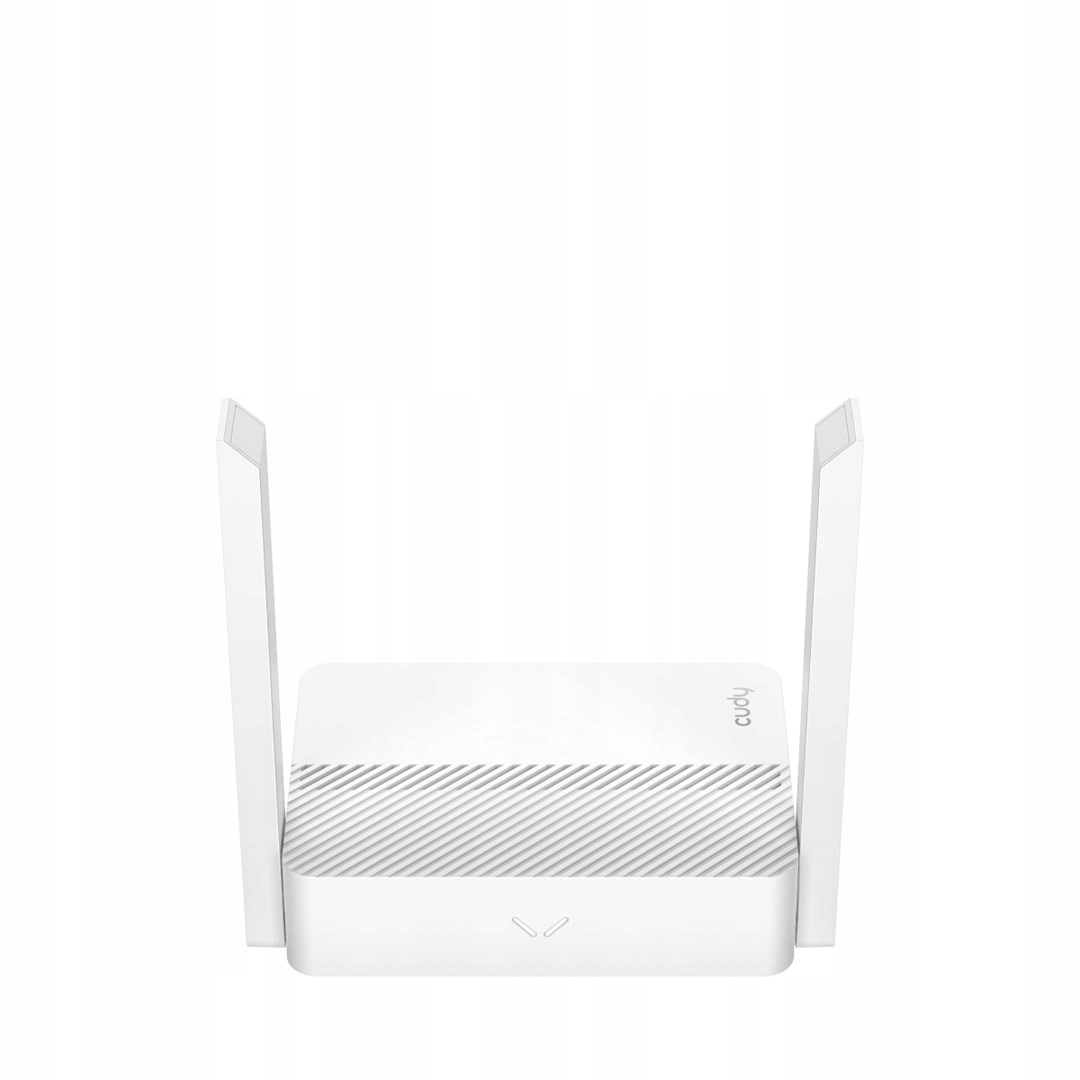 Biały router Cudy z dwiema pionowymi antenami i szczelinami wentylacyjnymi na białym tle.