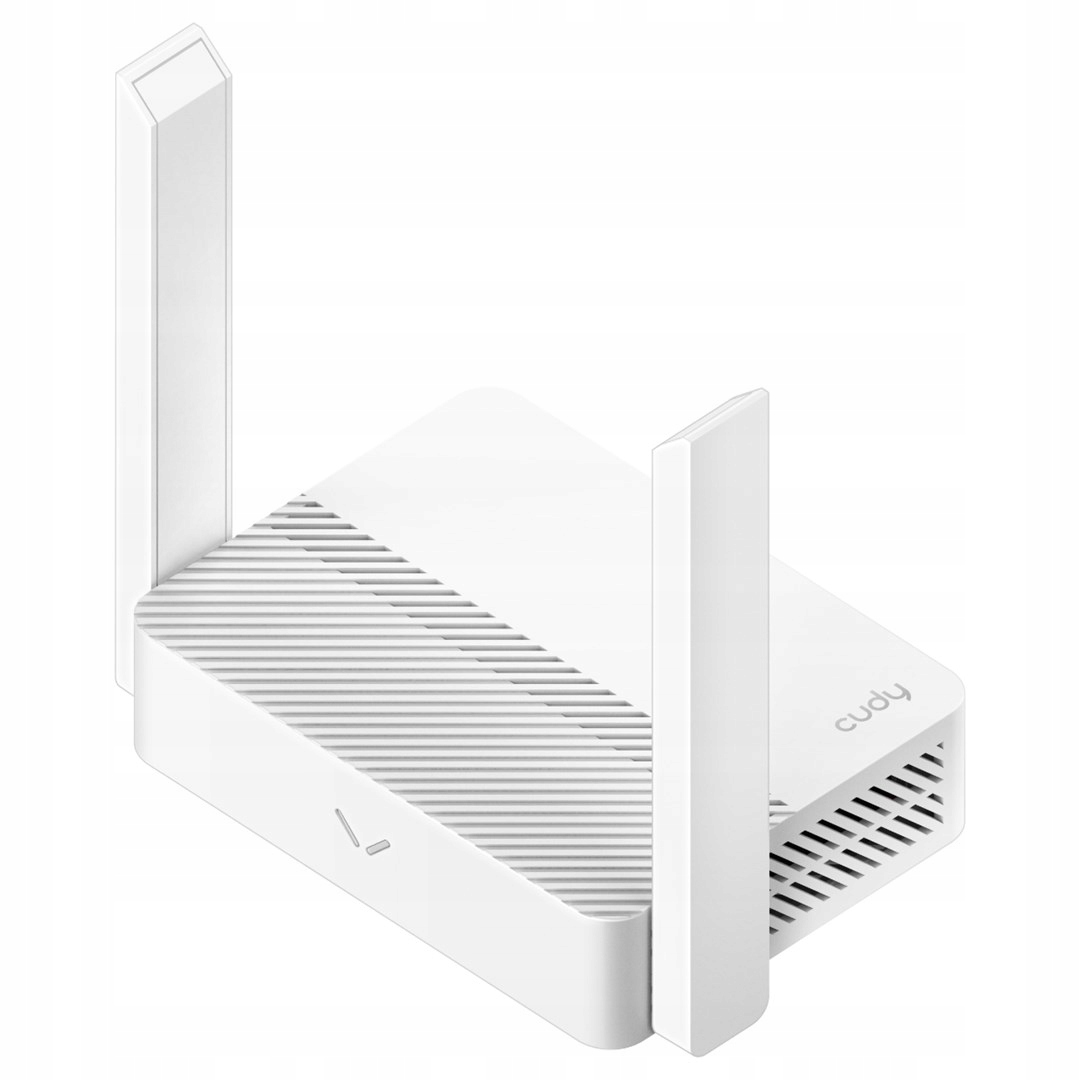 Biały router bezprzewodowy Cudy z dwiema pionowymi antenami na gładkim tle.