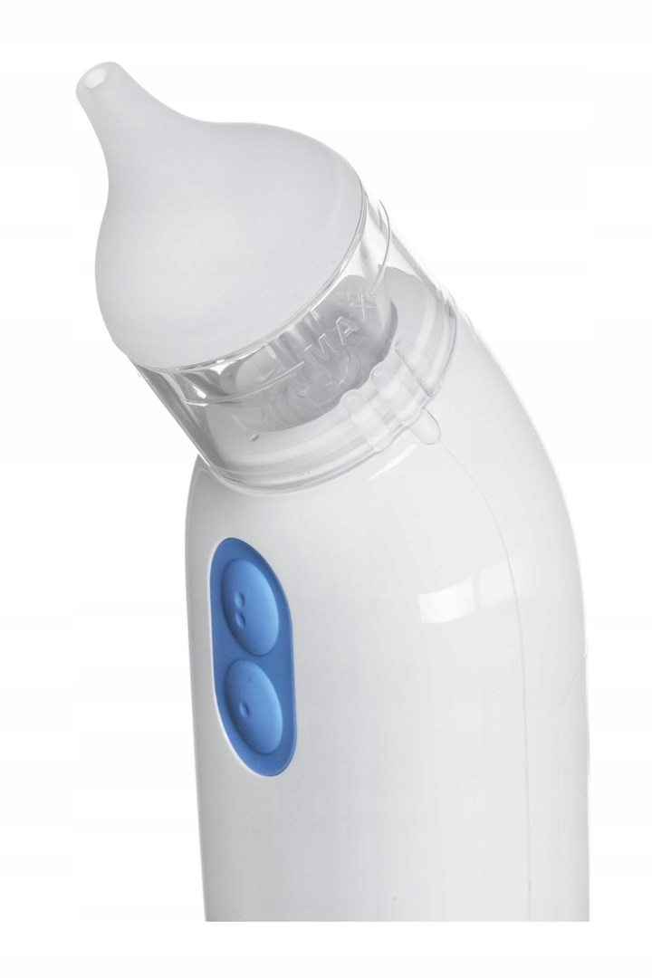 Un aspirador nasal eléctrico blanco con botones de control azules sobre fondo blanco.