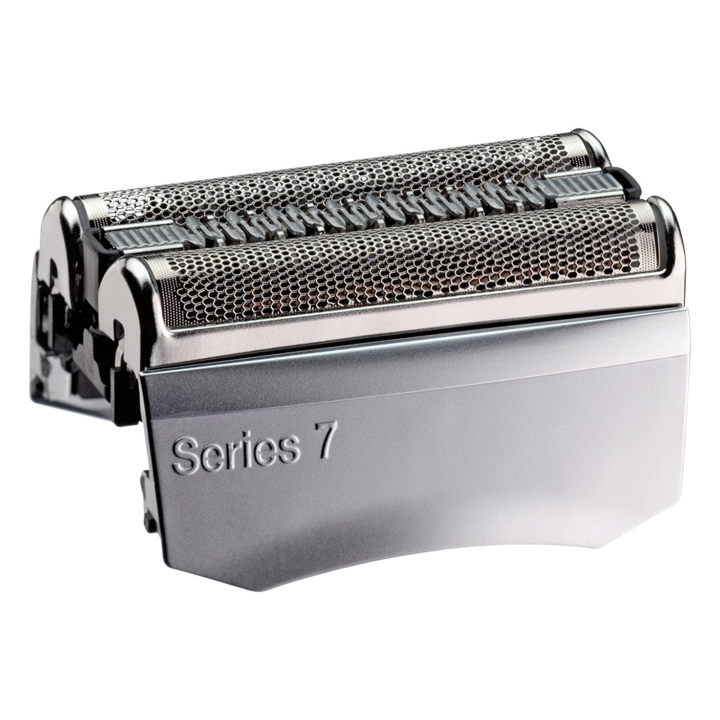 Un cabezal de repuesto plateado Braun Series 7 con doble lámina y recortadora central.