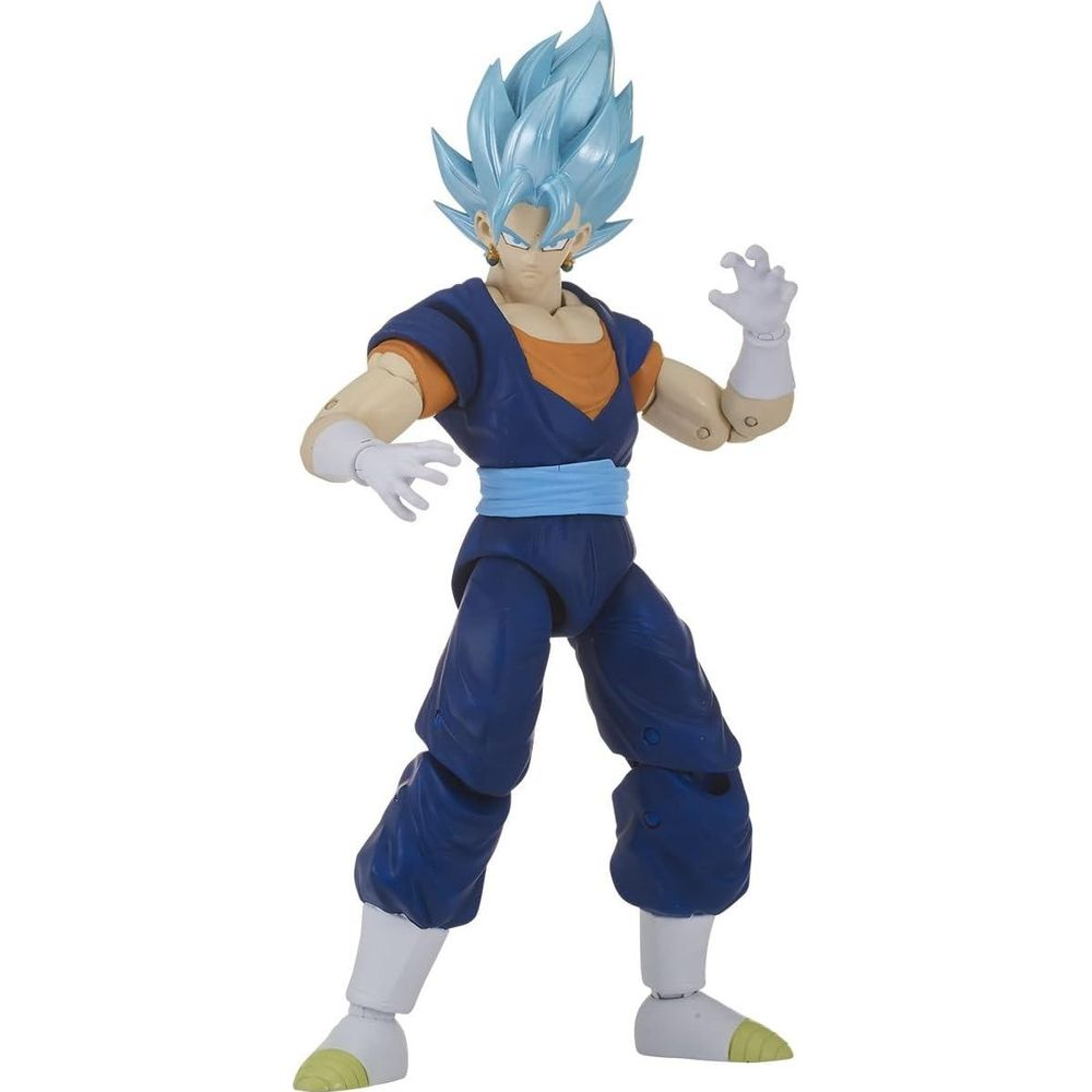 Figurka akcji Super Saiyan Blue Vegito z niebieskimi wlosami i w niebieskim stroju na bialym tle.