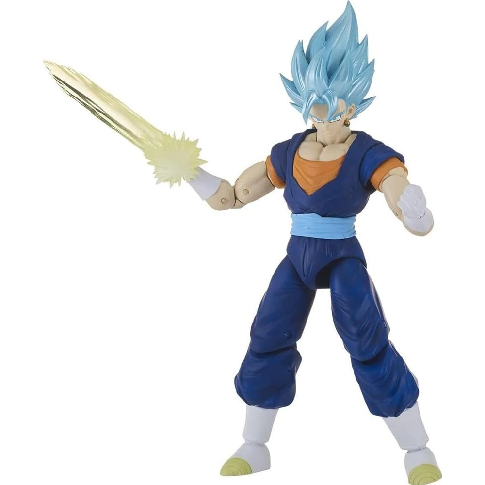 Figurka akcji Super Saiyan Blue Vegito z niebieskimi włosami i ostrzem energii.