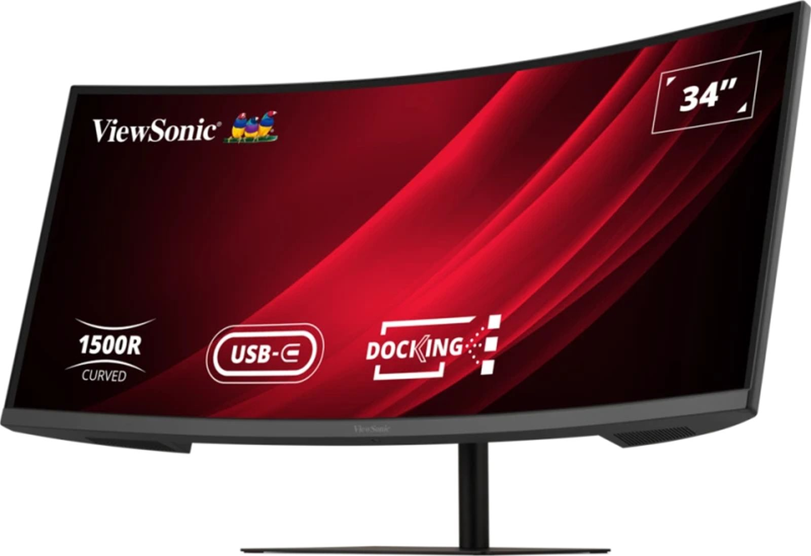 Un monitor curvo ViewSonic de 34 pulgadas con fondo rojo e iconos de USB-C y docking.