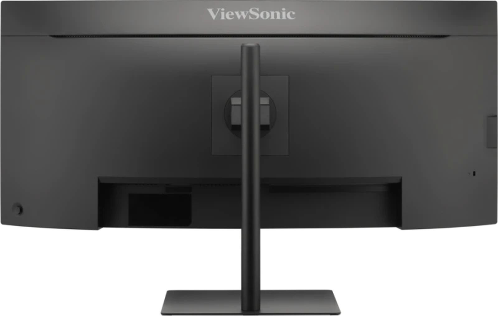 Vista trasera de un monitor negro ViewSonic con soporte sobre fondo neutro.