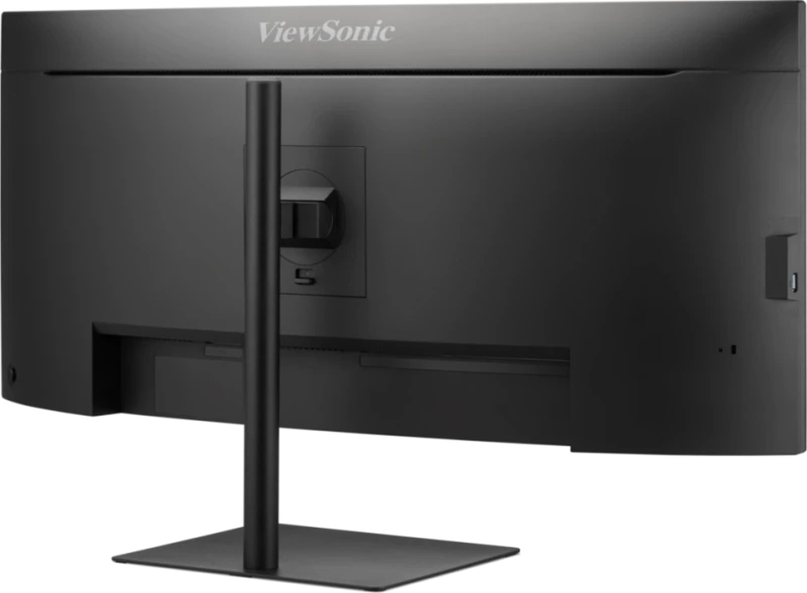 Vista trasera de un monitor curvo ViewSonic negro con soporte vertical y base cuadrada.