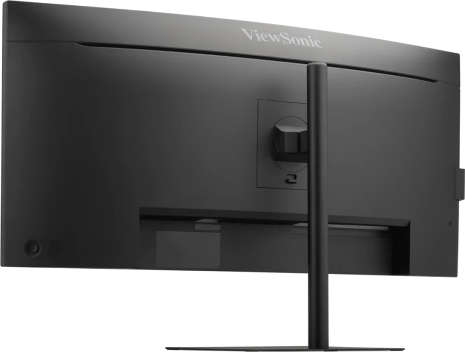 La parte trasera de un monitor ViewSonic negro con soporte redondo sobre fondo neutro.