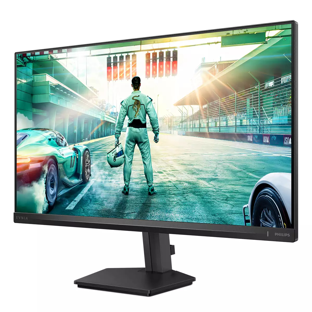 Un monitor Philips widescreen mostra una scena di gara con un pilota su una pista tra le auto.