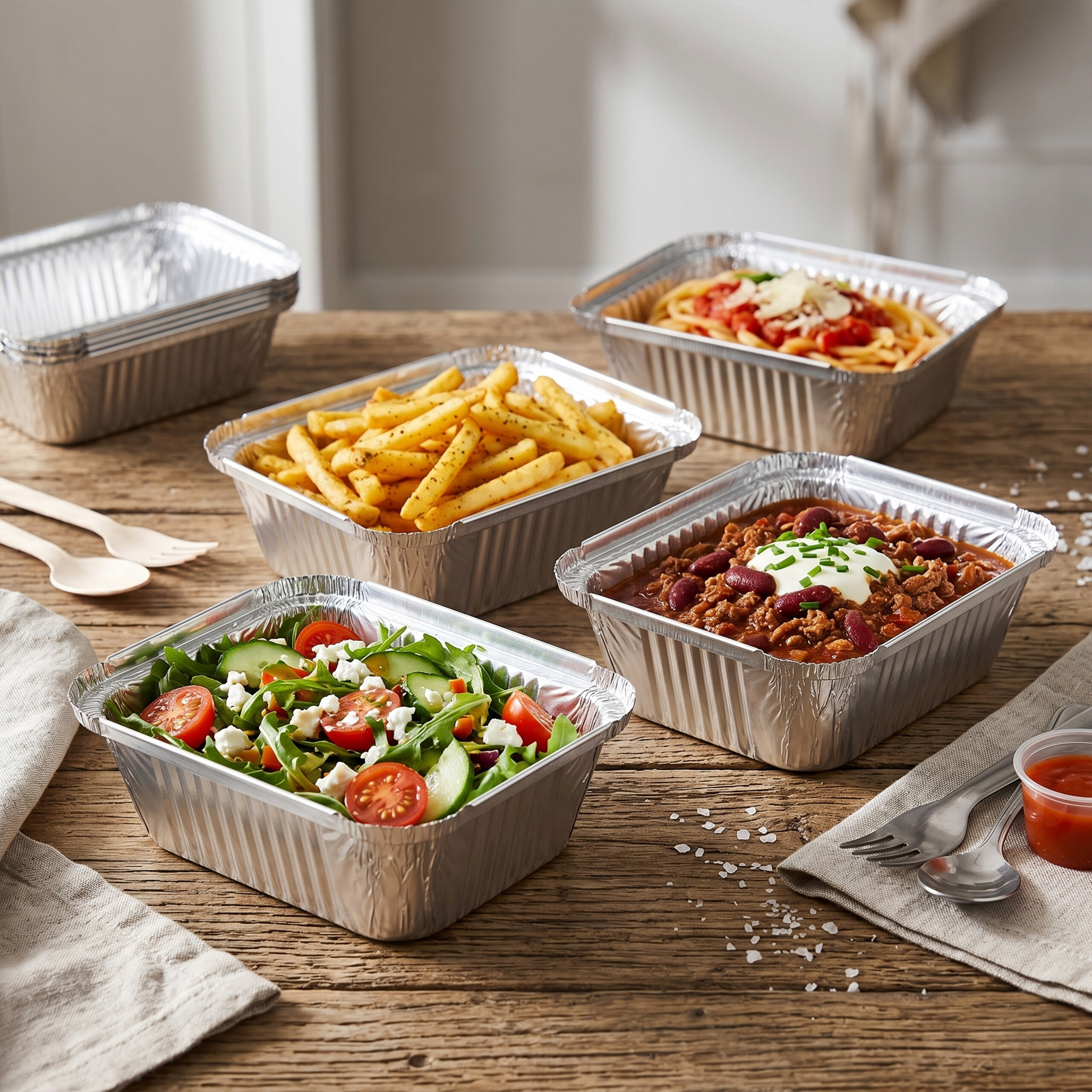 Quattro contenitori in alluminio con insalata, patatine fritte, chili con carne e spaghetti su un tavolo di legno.