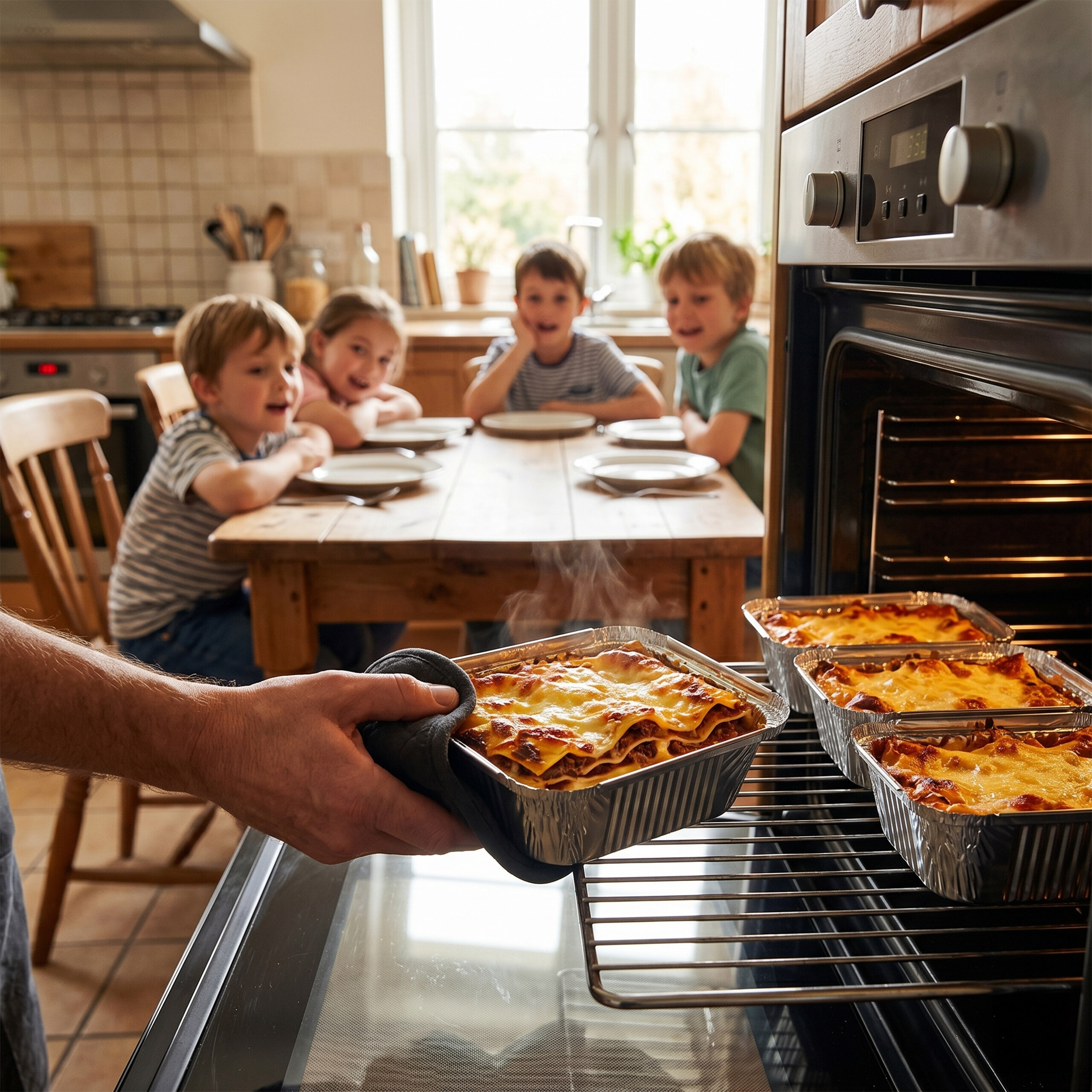 Una persona inforna delle lasagne mentre quattro bambini guardano.