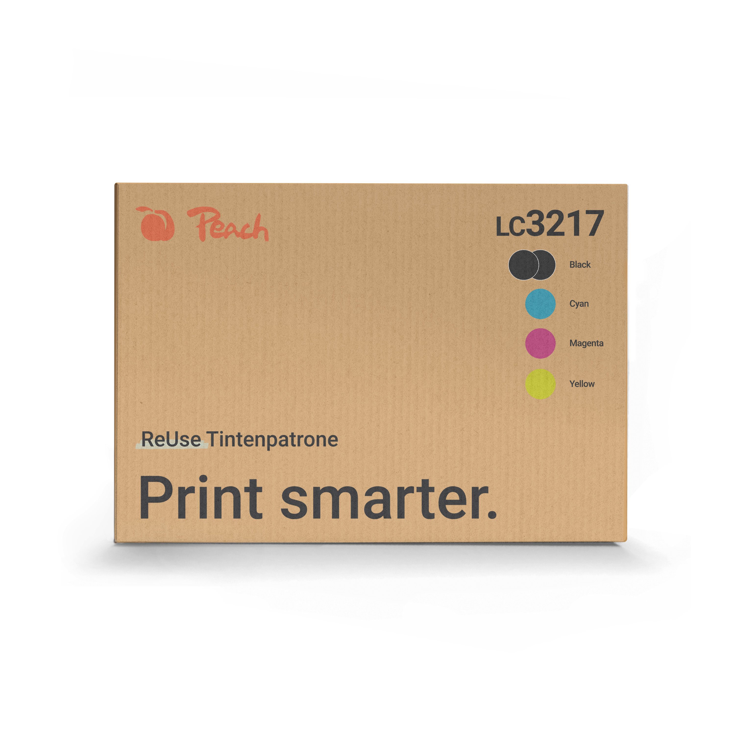 Boîte en carton marron pour cartouches d'encre Peach LC3217, avec "Print smarter." sur le devant.