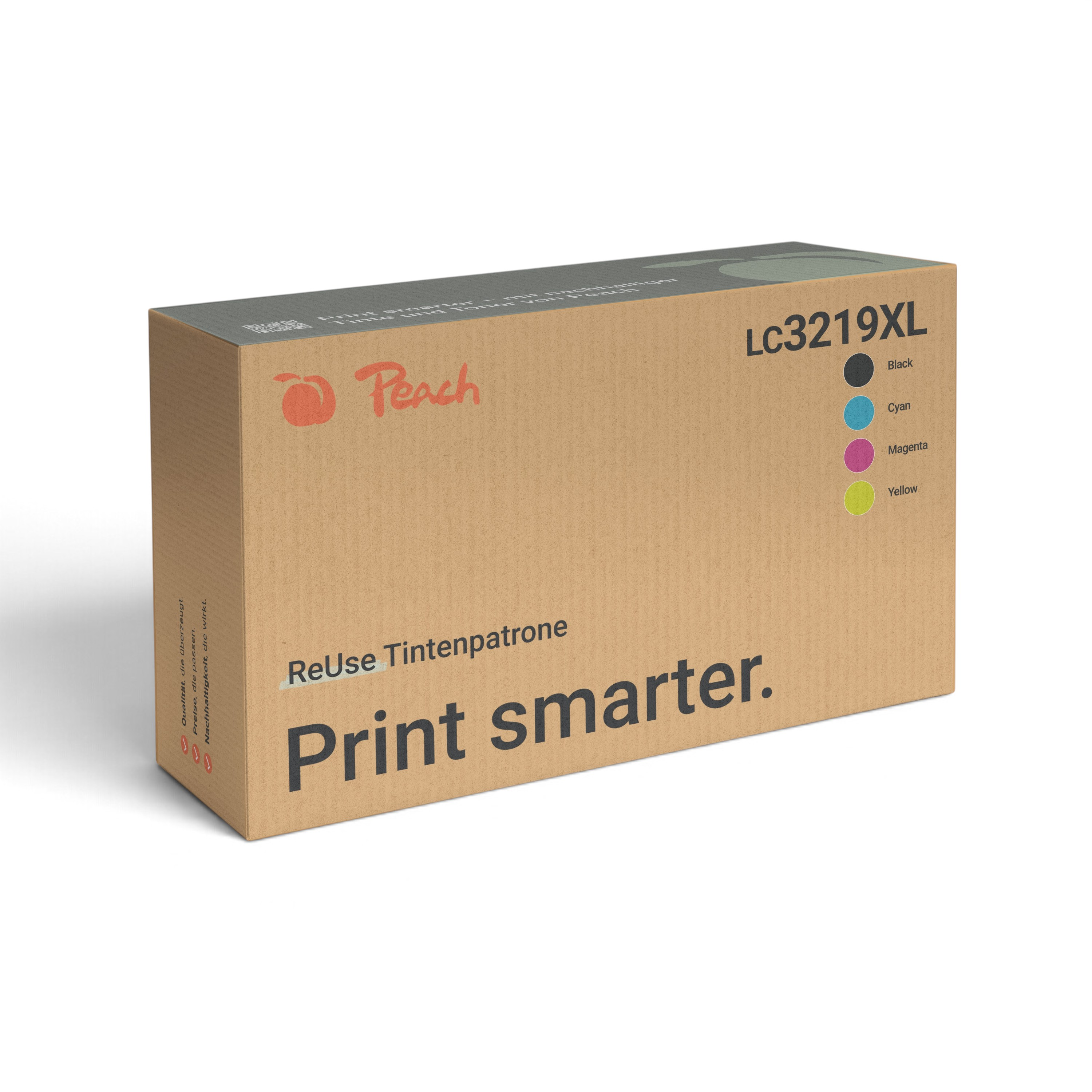 Une boîte en carton pour cartouches d'encre Peach Lc3219XL avec le texte Print smarter.